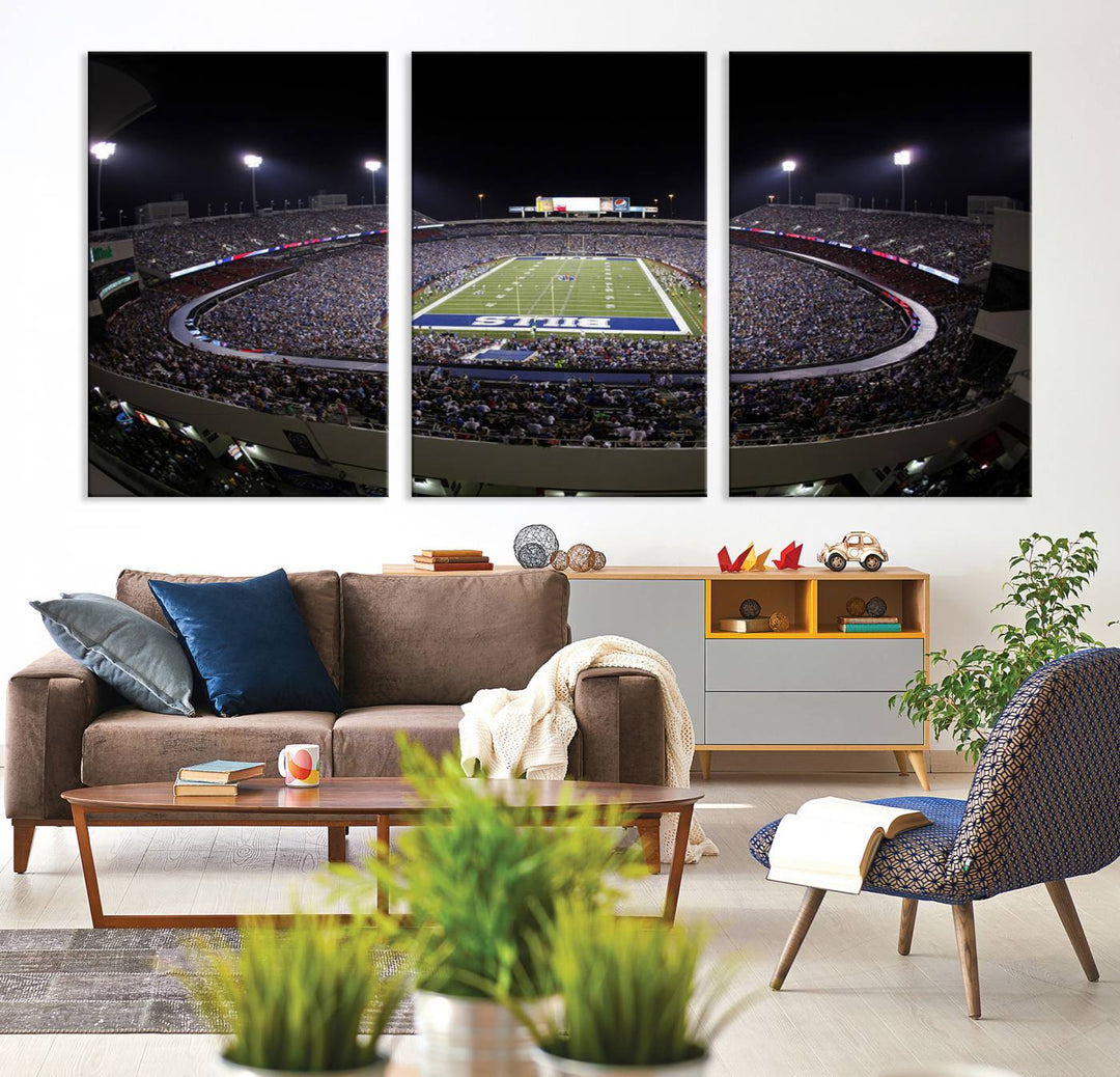 The Buffalo Bills NFL Highmark Stadium at night print captures the bright lights, conveying an exhilarating atmosphere.