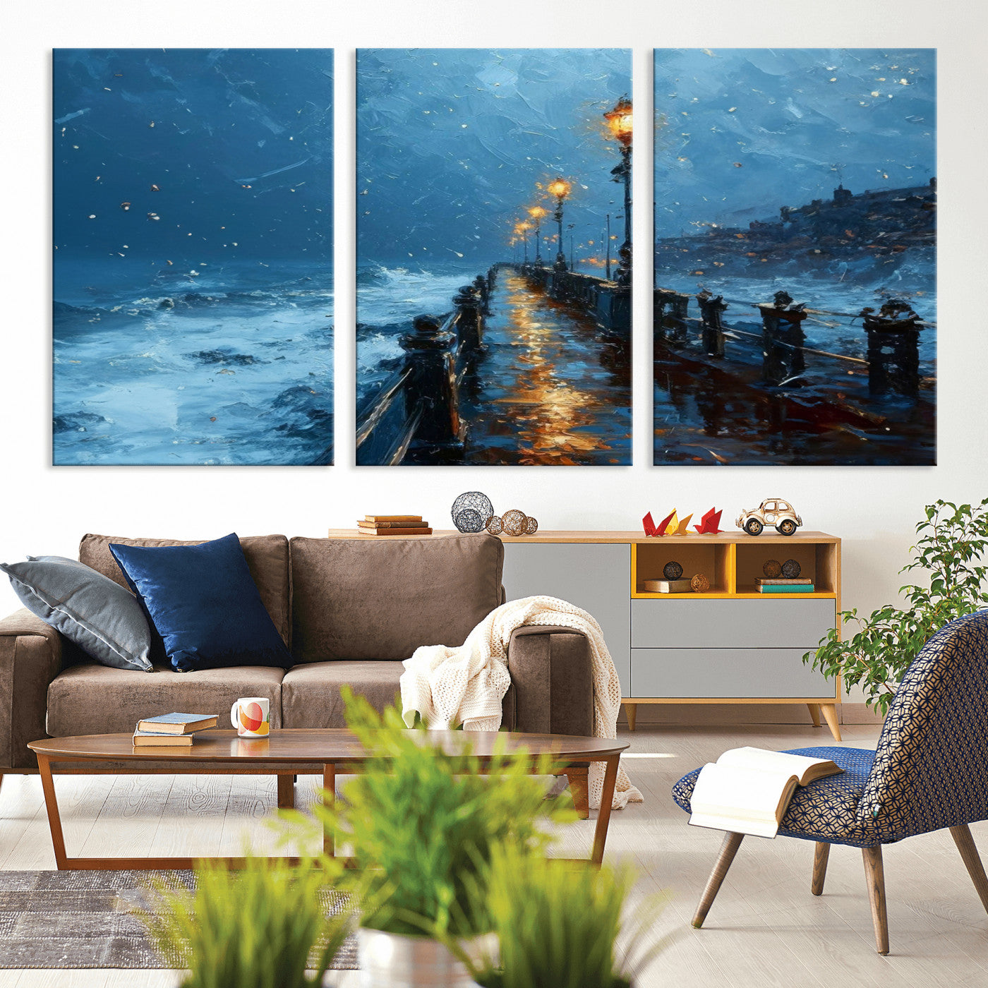 MGV-CV-60X30-3P - Stormy Night at Beach Pier Oil Painting Large Wall Art Print, Framed Canvas Nature Wall Decor,