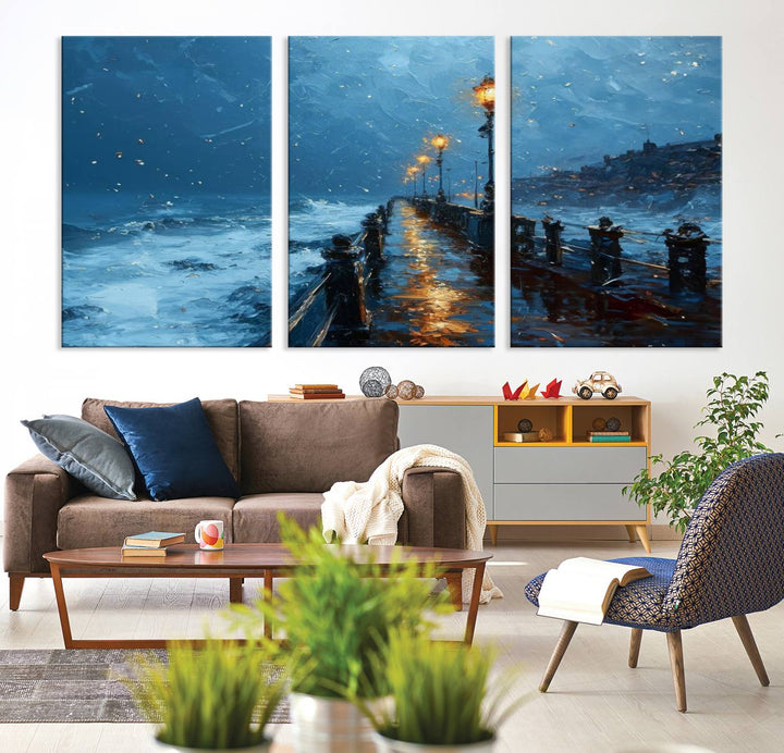 Framed 3-Panel Seaside Night Pier Oil Painting Canvas Wall Art | Ready to Hang Coastal Landscape Art for Modern Living Room, Office, or Bedroom Decor