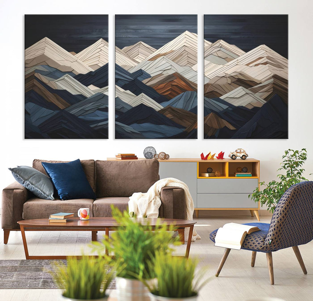 Wood Mountain Range Wall Art - Ready to Hang 3-Piece Set for Modern Rustic Decor, Abstract Wooden Design for Living Rooms Offices