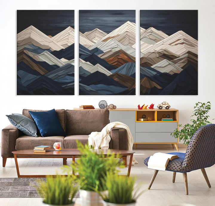 Wood Style Mountain Range Wall Art - Ready to Hang 3-Piece Set for Modern Rustic Decor, Abstract Wooden Design for Living Rooms, Bedrooms & Offices