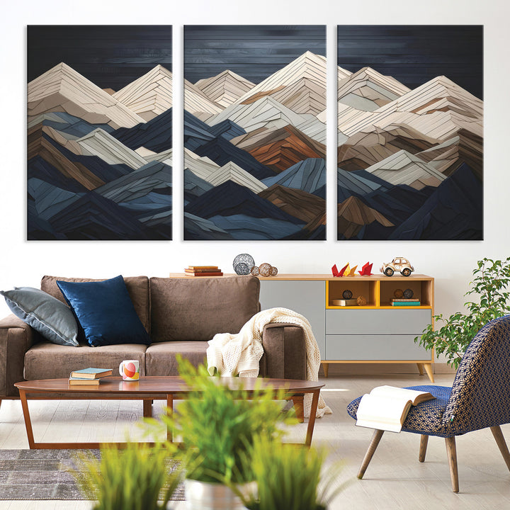 Rustic Mountain Landscape Wall Art Print - Wooden 3D Effect Mountain Canvas Print - Textured Peaks Wall Art for Cabin or Lodge Decor