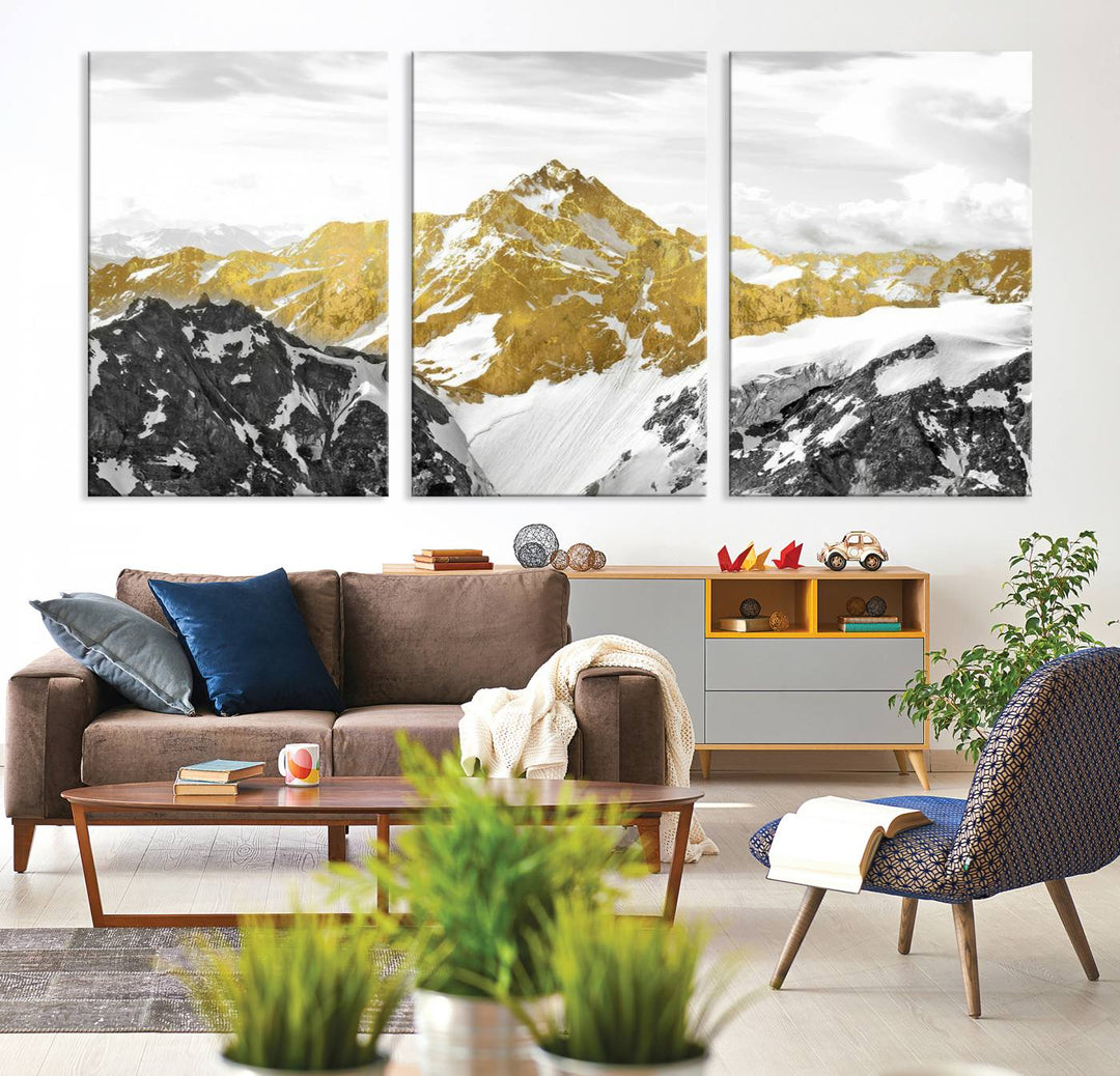 Gold Mountains Wall Art Print on Canvas, Nature Wall Art Print,