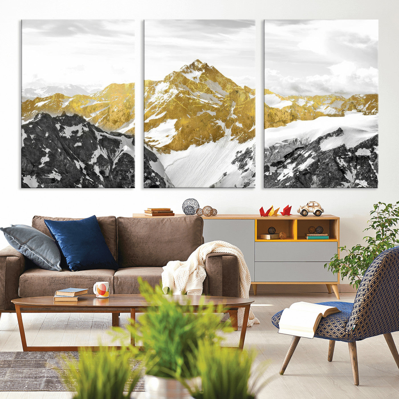MGV-CV-60X30-3P - Gold Abstract Mountains Wall Art Print on Canvas, Nature Wall Art Print,