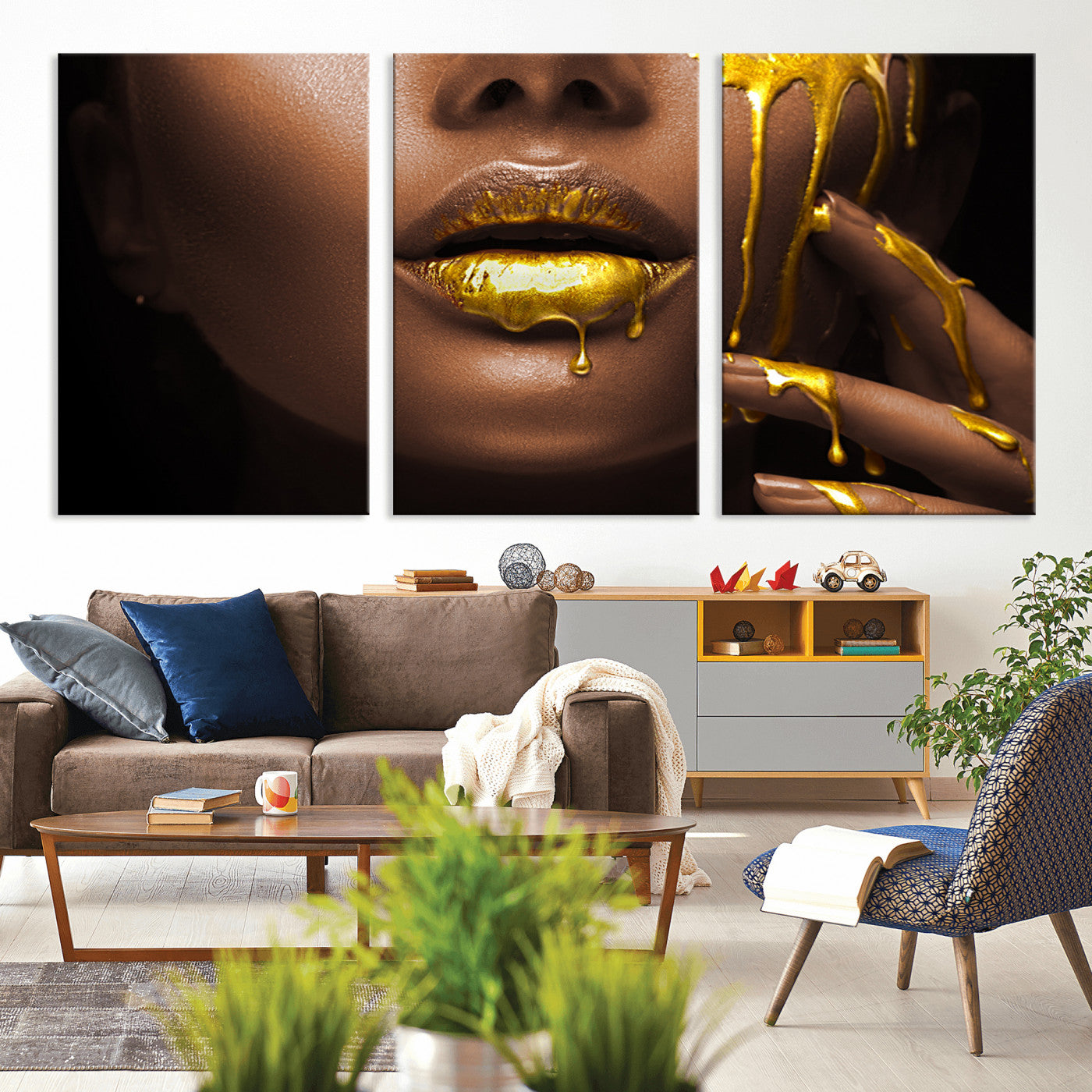 MGV-CV-60X30-3P - African American Art Black Woman Canvas Print, African Wall Art, Fashion African Woman Gold Lips