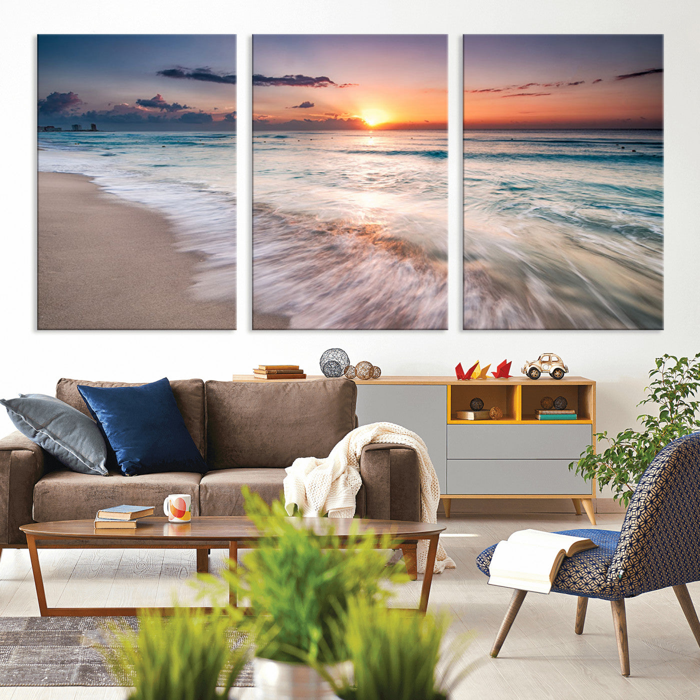 MGV-CV-60X30-3P - Sunset Beach Wall Art – Soothing Coastal Landscape, Ready to Hang for Tranquil Home Decor