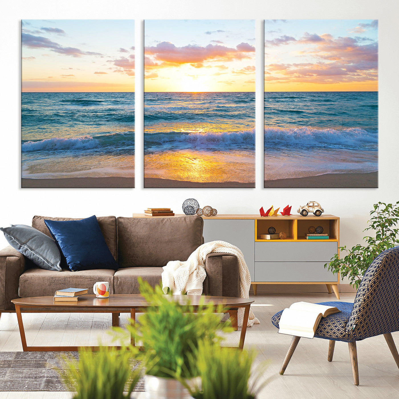 MGV-CV-60X30-3P - Golden Sunset Over Ocean Waves - Serene Coastal Triptych Wall Art for Relaxing Home Decor, Ready to