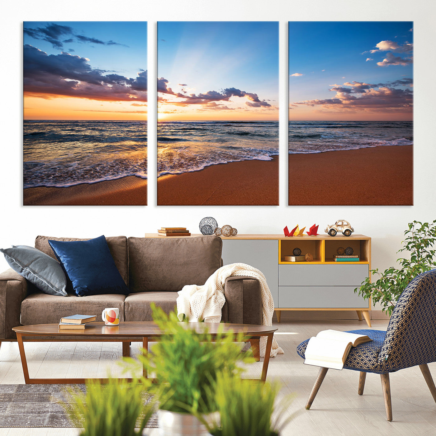 MGV-CV-60X30-3P - Golden Hour Beach Sunset Wall Art | Canvas Print | Ready to Hang | Coastal Wall Art for Living Room
