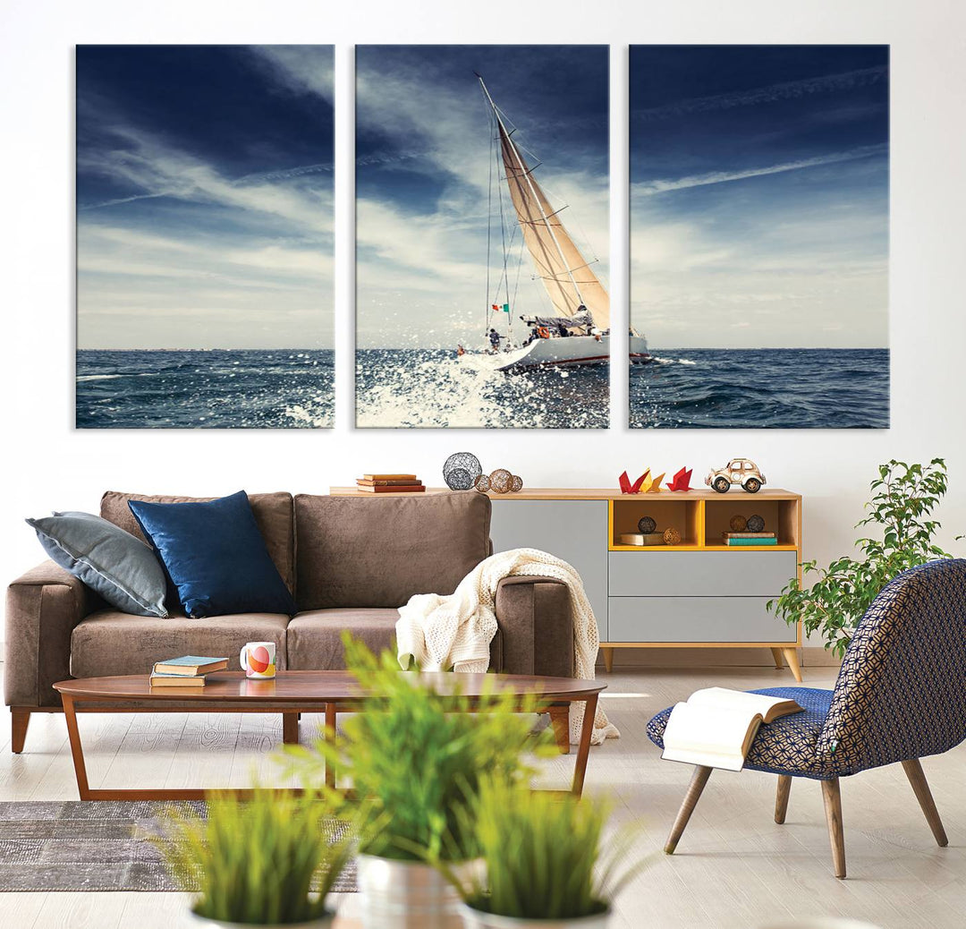 Sailboat Ocean Beach Blue Sky Wall Art Canvas Print