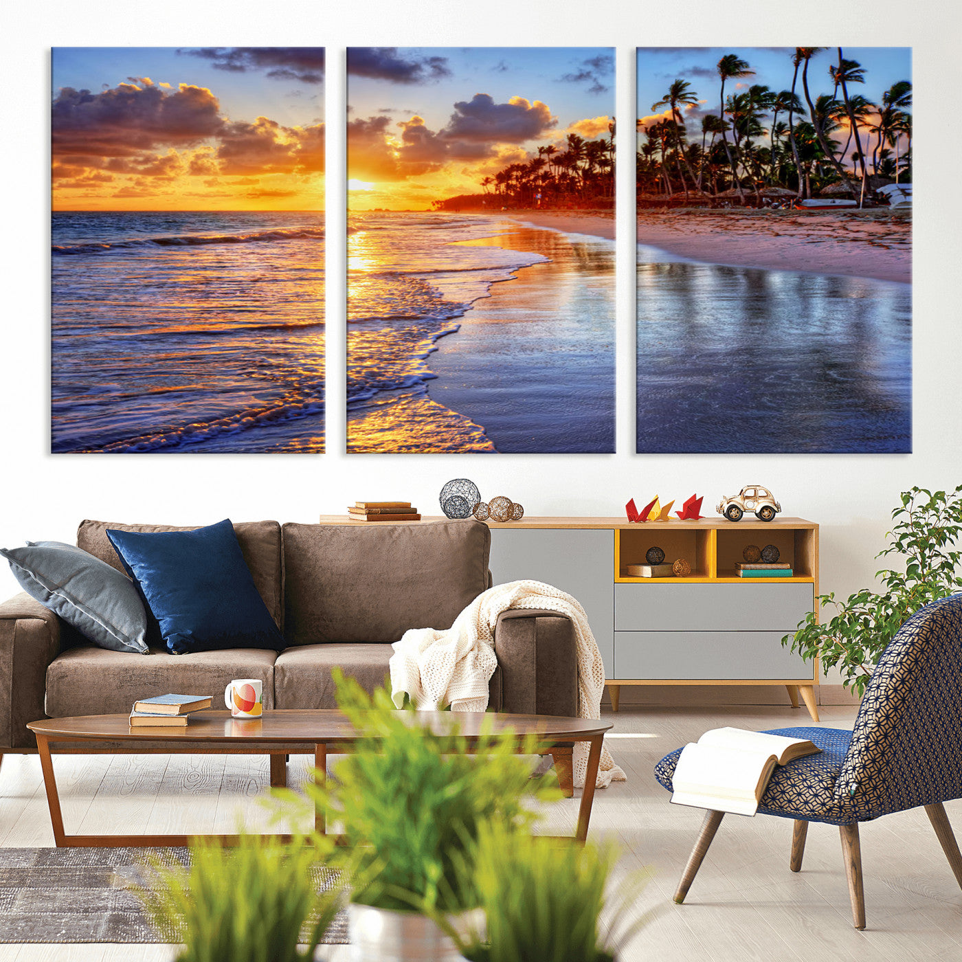 MGV-CV-60X30-3P - Serene Beach Sunset Wall Art Canvas- Coastal Seascape Print for Living Room or Bedroom, Ocean Waves