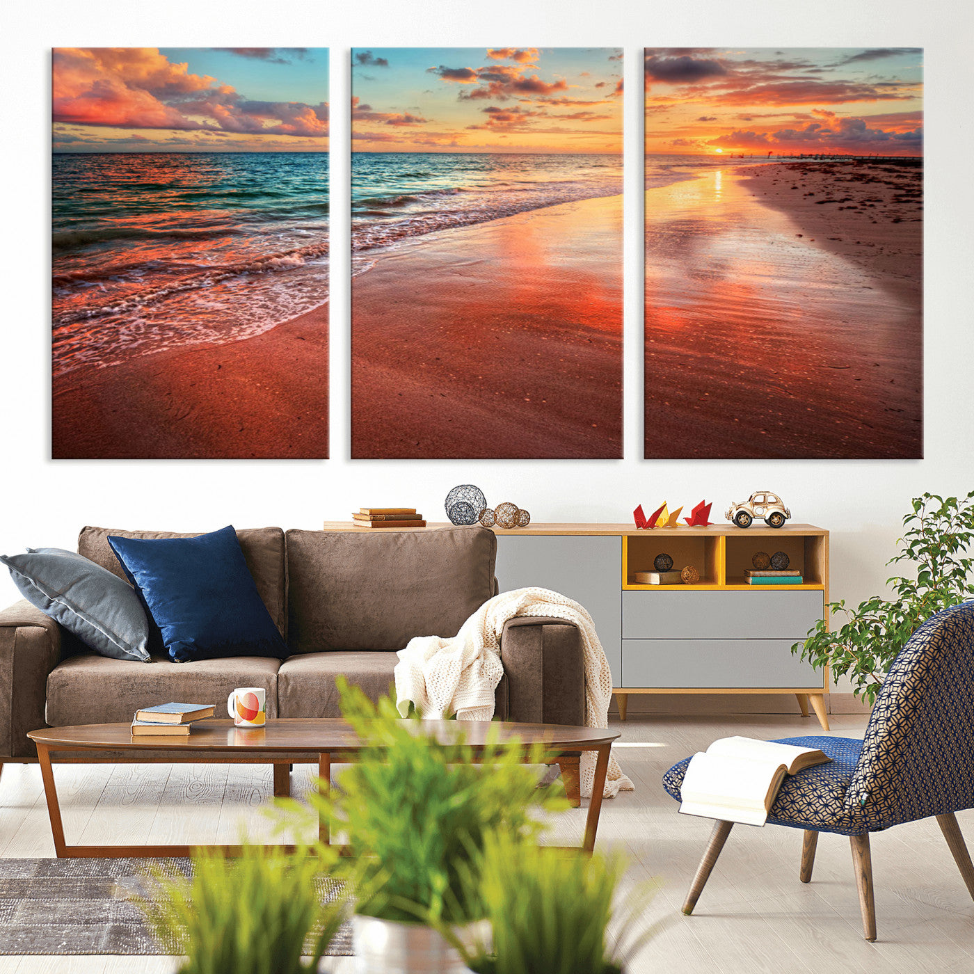 MGV-CV-60X30-3P - Sunset Beach Wall Art | Ocean Canvas Print | Coastal Wall Art | Tranquil Sunset Canvas Print
