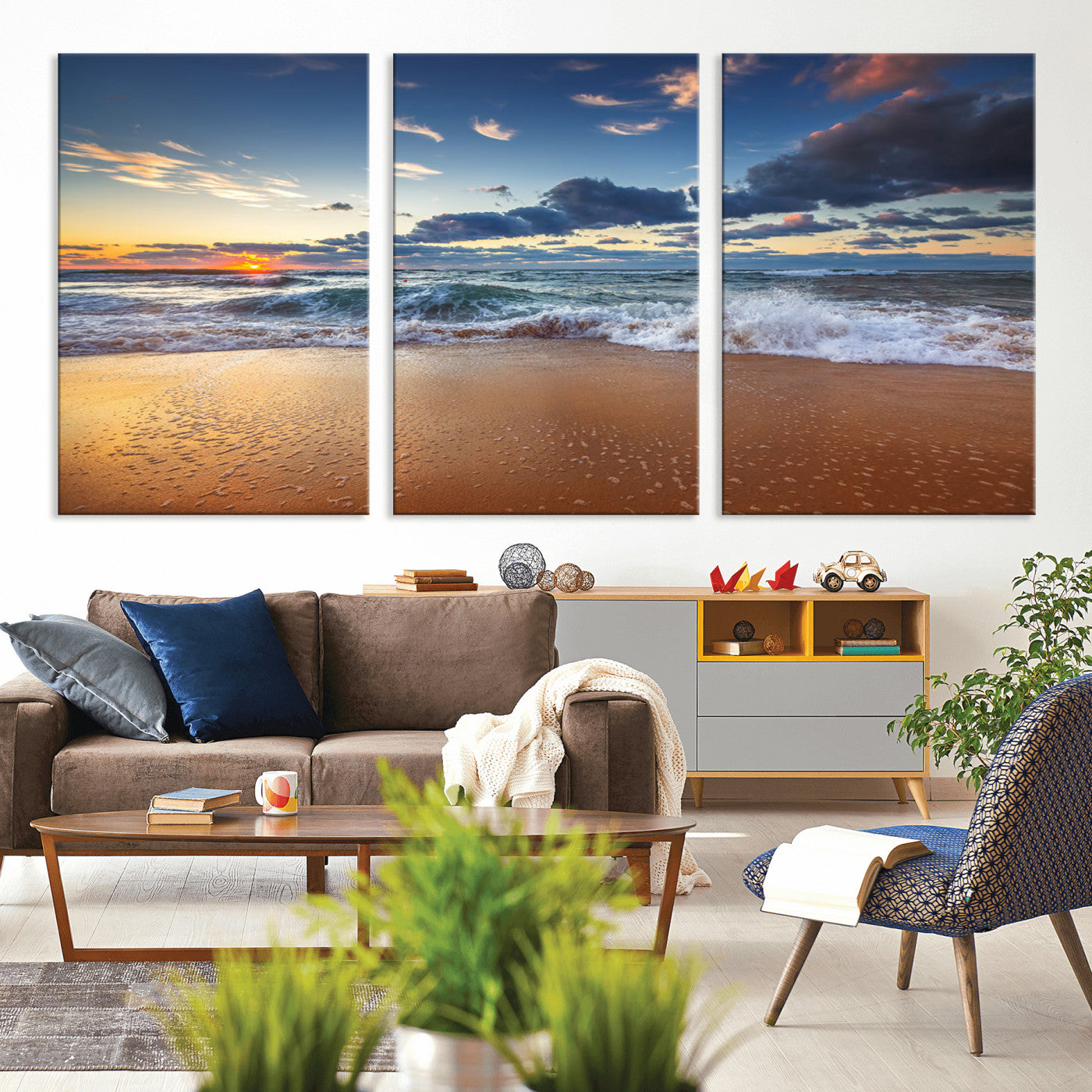 MGV-CV-60X30-3P - Beach Canvas Wall Art - Coastal Seascape Print for Living Room or Bedroom, Ocean Waves on Sand,