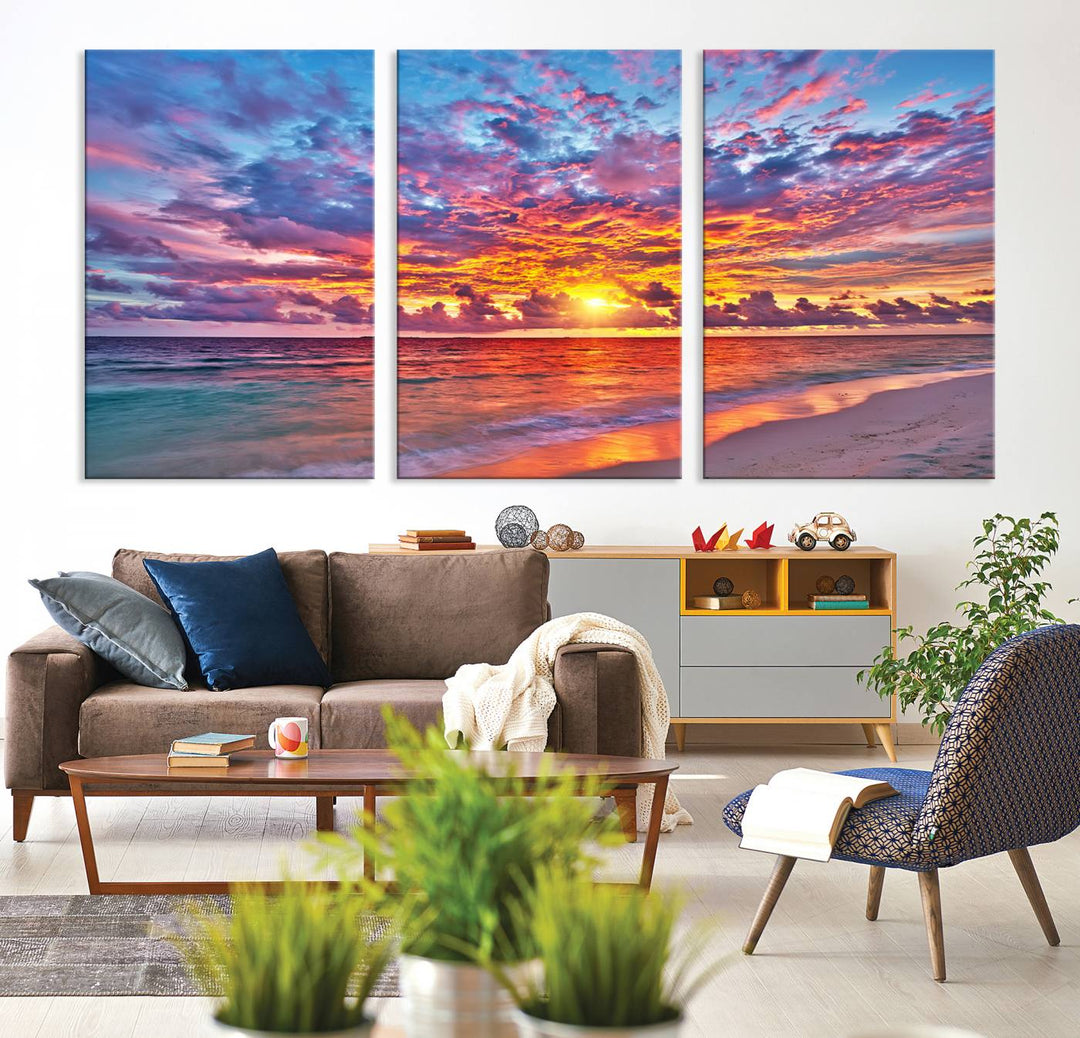 Vibrant Sunset Beach Wall Art | Ocean Sunset Canvas Print | Coastal Wall Art Decor | Ready to Hang | Stunning Sunset Scene for Home or Office Decor