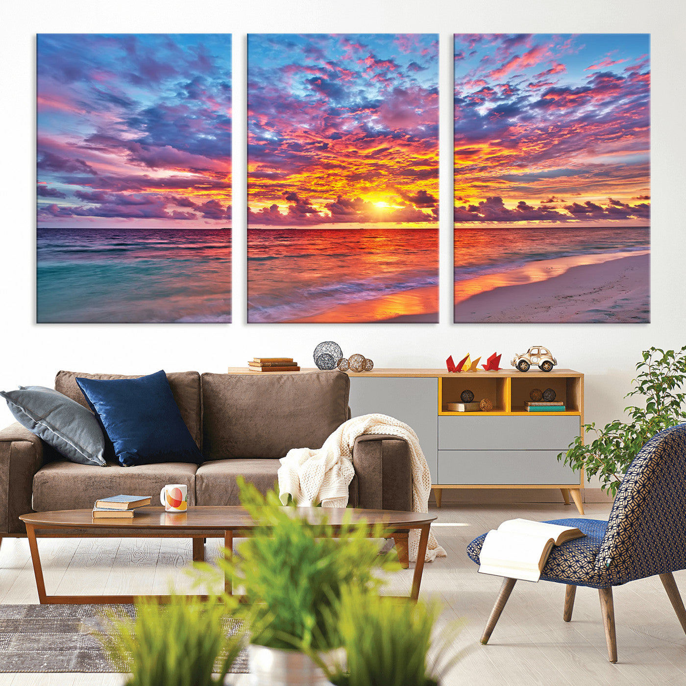 MGV-CV-60X30-3P - Vibrant Sunset Beach Wall Art - Ocean Sunset Canvas Print | Coastal Wall Art Decor Stunning Sunset