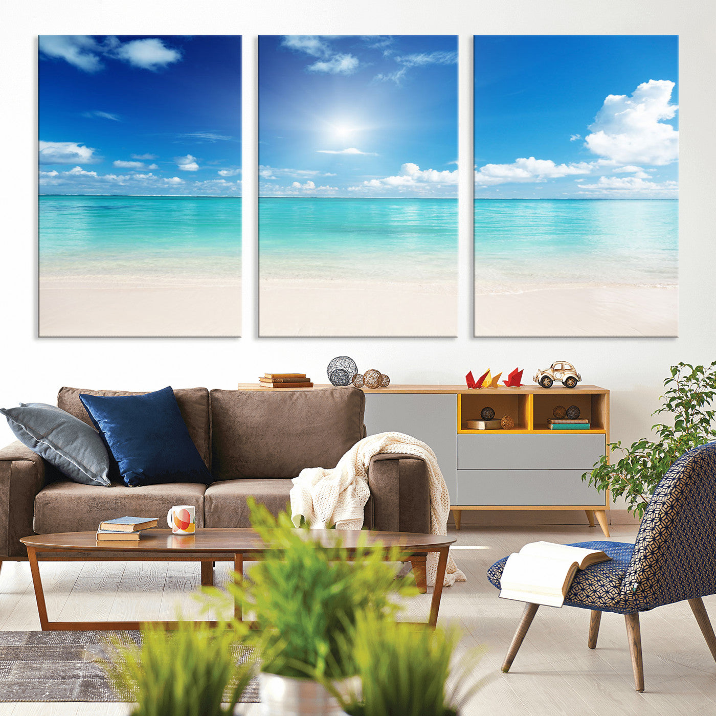 MGV-CV-60X30-3P - Blue Ocean Wall Art Canvas Print - Tranquil Ocean Paradise Triptych Wall Art - Ready to Hang Beach