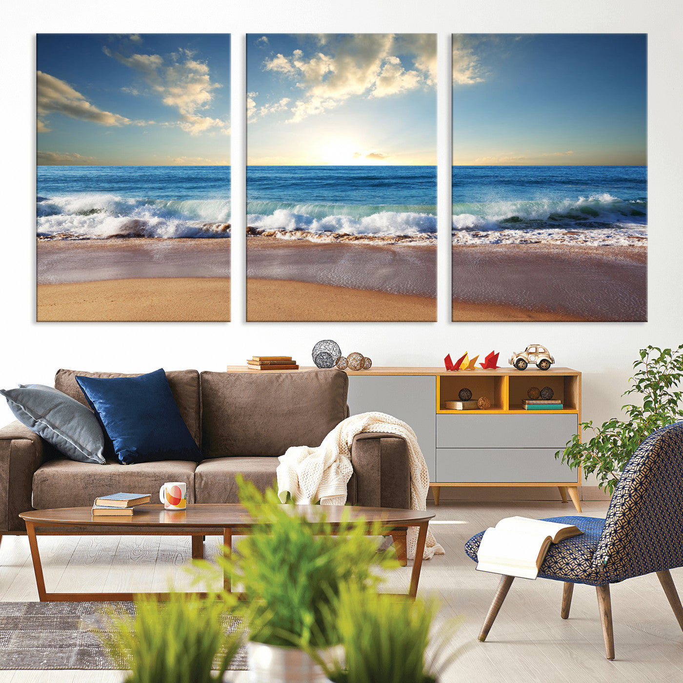 MGV-CV-60X30-3P - Serene Ocean Sunset Canvas Wall Art - Beach Waves at Sunset, Ready to Hang
