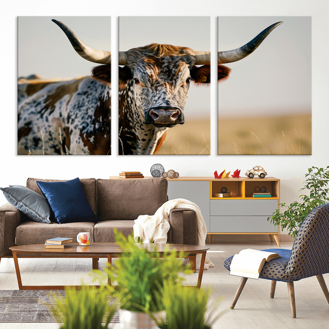MGV-CV-60X30-3P - Texas Bull Longhorn Wall Art Canvas Print for Farm House Wall Decor, Farmhouse Wall Art Print