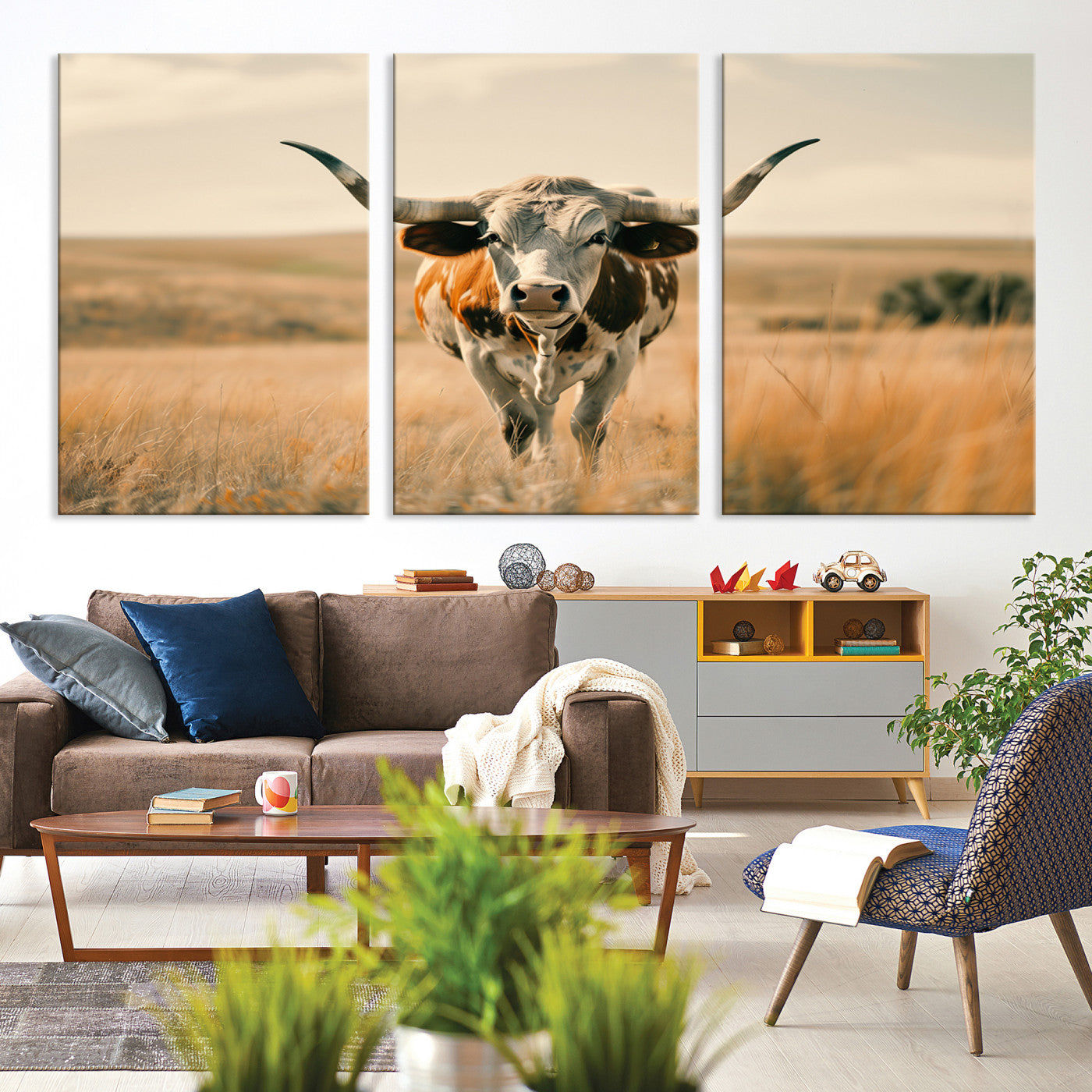 16580-MGV-CV-36X24-Texas Cow Longhorn Wall Art Canvas Print for Farm House Wall Decor, Farmhouse Cow Print Canvas Wall Art Print