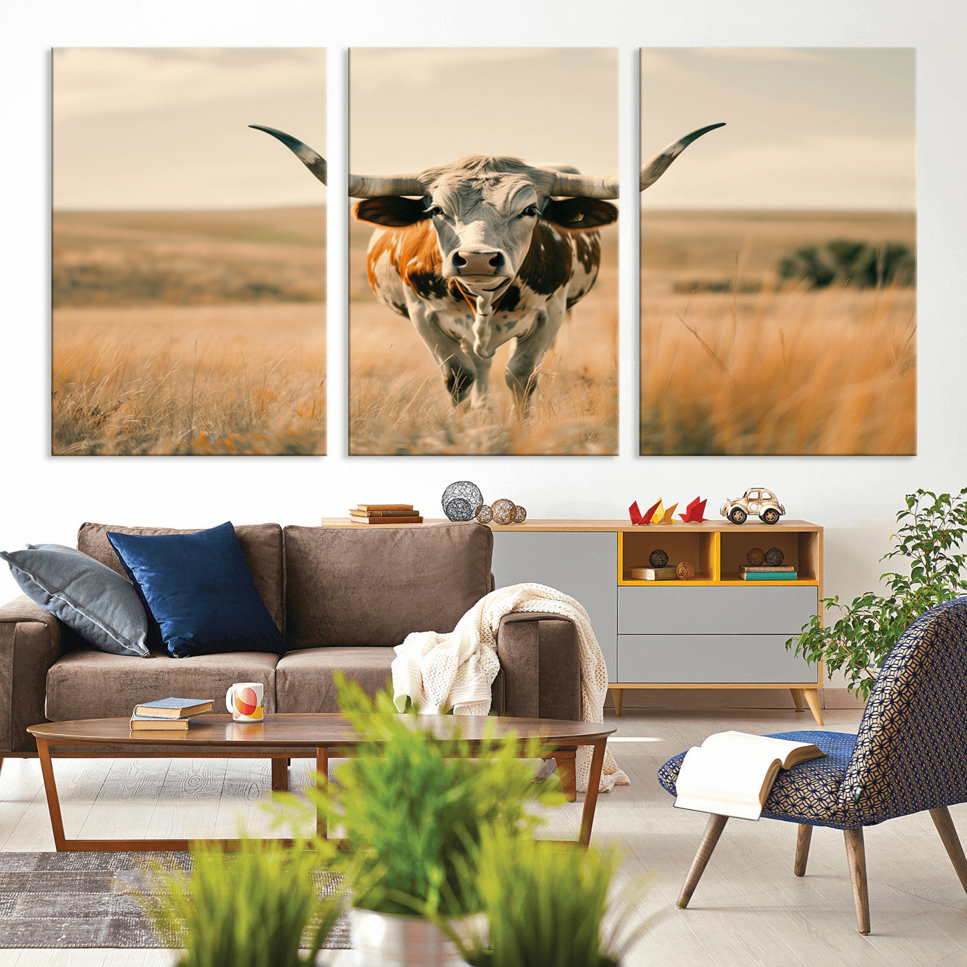 MGV-CV-60X30-3P - Texas Cow Wall Art Canvas Print for Farm House Wall Decor, Farmhouse Wall Art Print