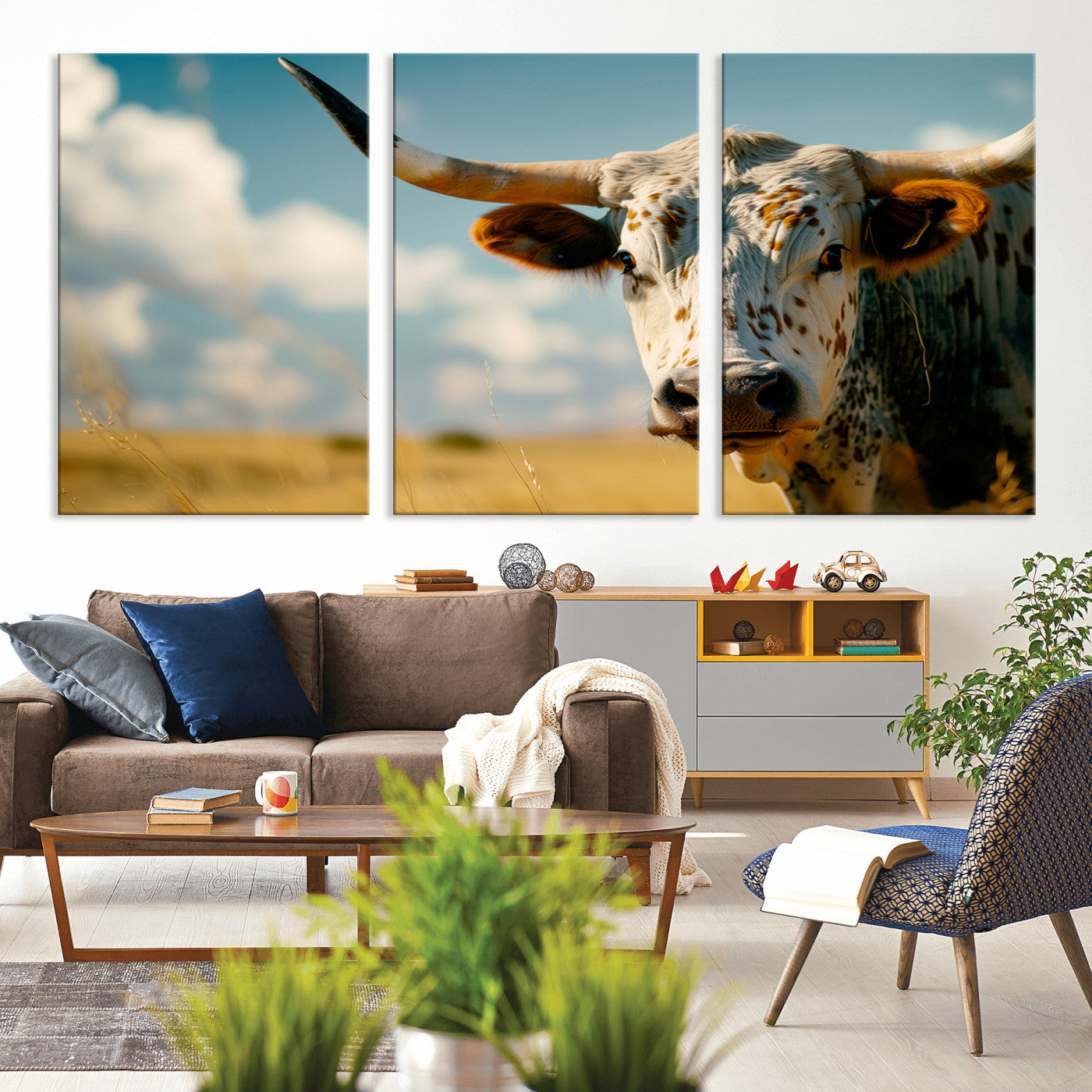 MGV-CV-60X30-3P - Longhorn in the Prairie - Stunning Ranch-Style Triptych Wall Art for Western Home Decor, Cowboy Wall