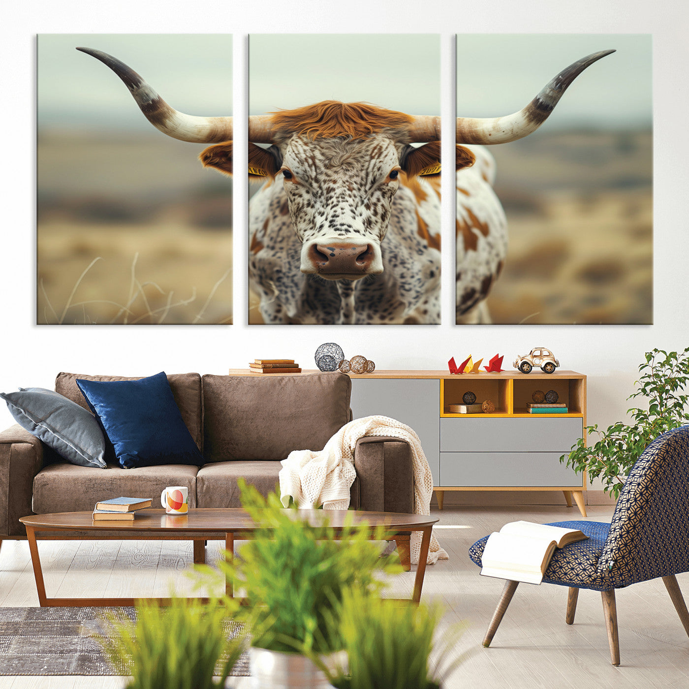 MGV-CV-60X30-3P - Texas Cow Longhorn Wall Art Canvas Print for Farm House Wall Decor, Farmhouse Wall Art Print
