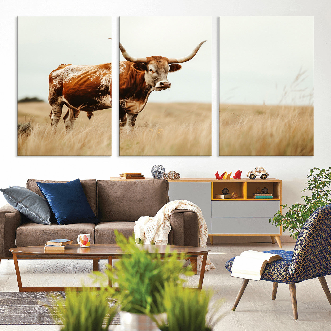 MGV-CV-60X30-3P - Texas Longhorn Canvas Wall Art Print – Majestic Western Cattle in Rustic Farmhouse Decor – Cow Wall