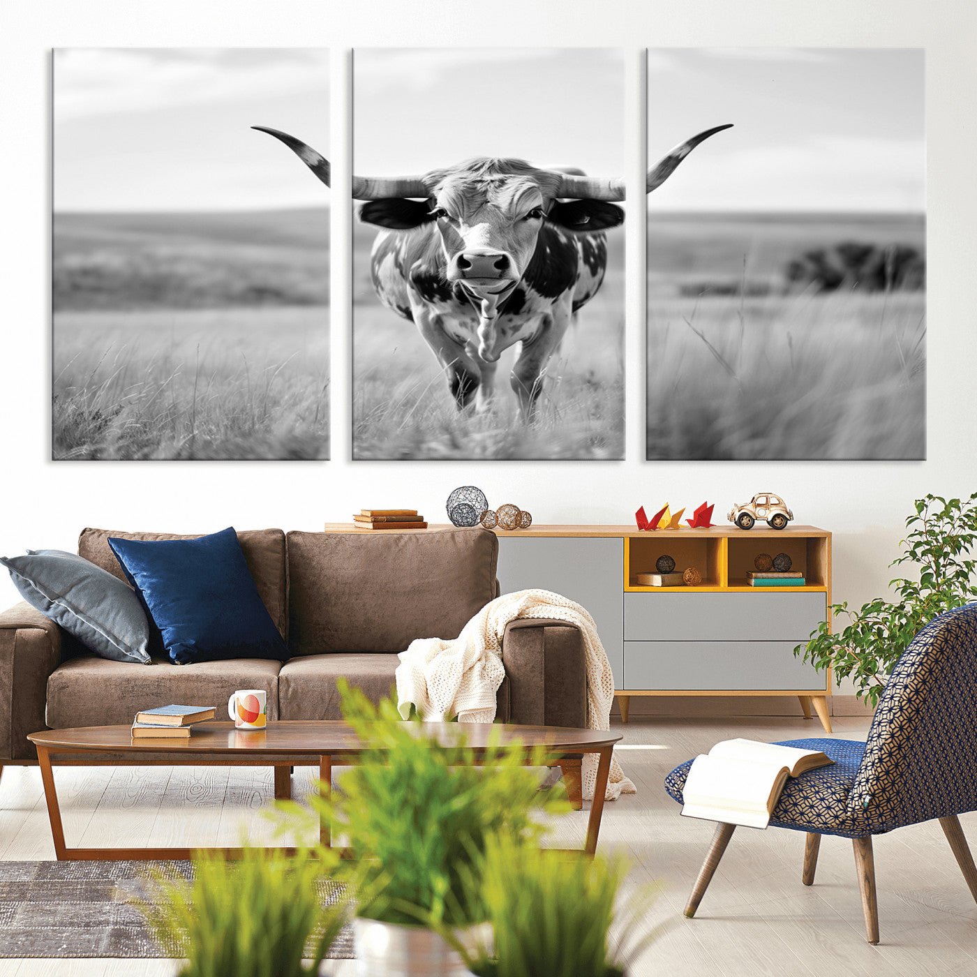 MGV-CV-60X30-3P - Texas Cow Longhorn Wall Art Canvas Print for Farm House Wall Decor, Farmhouse Wall Art Print