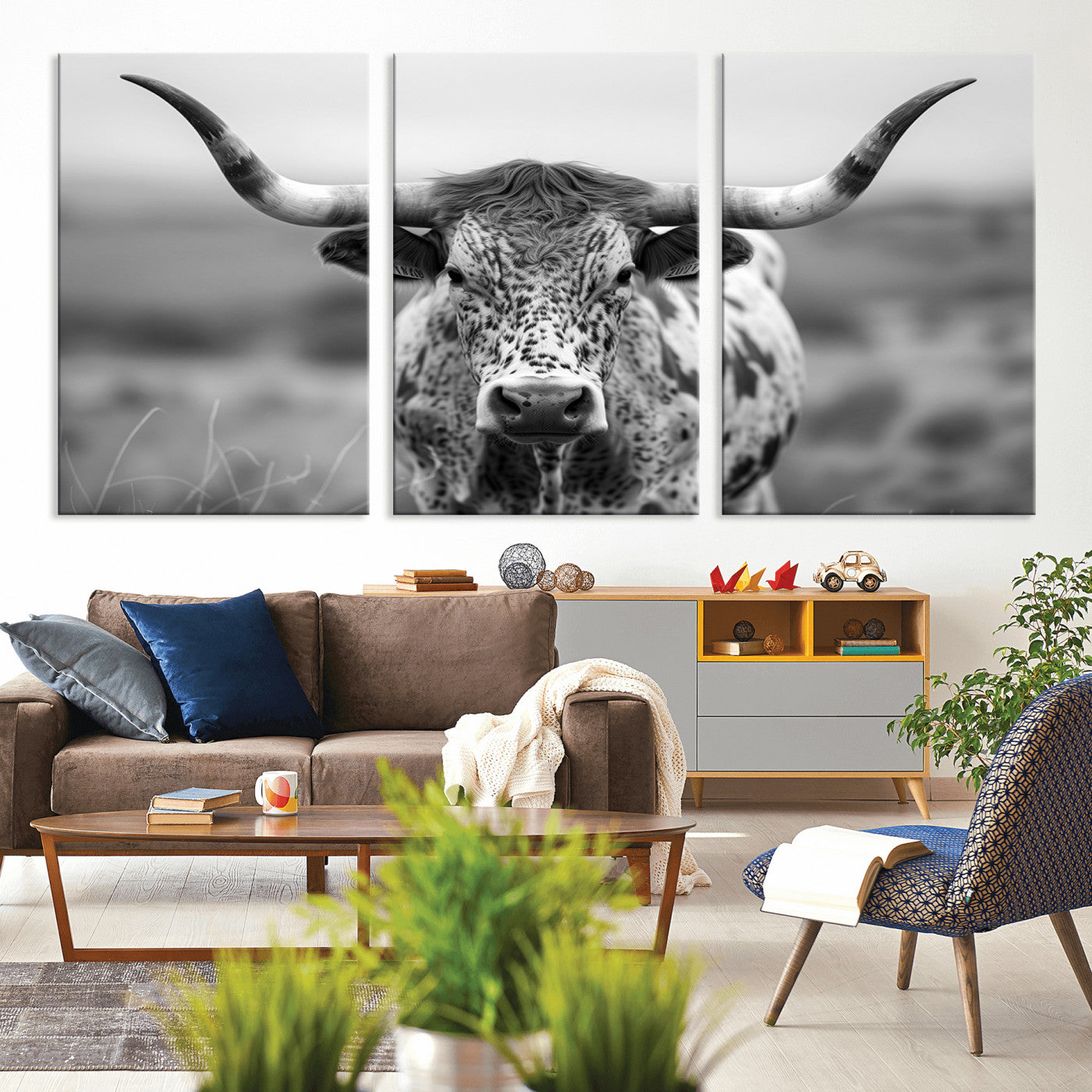MGV-CV-60X30-3P - Texas Cow Longhorn Wall Art Canvas Print for Farm House Wall Decor, Farmhouse Wall Art Print