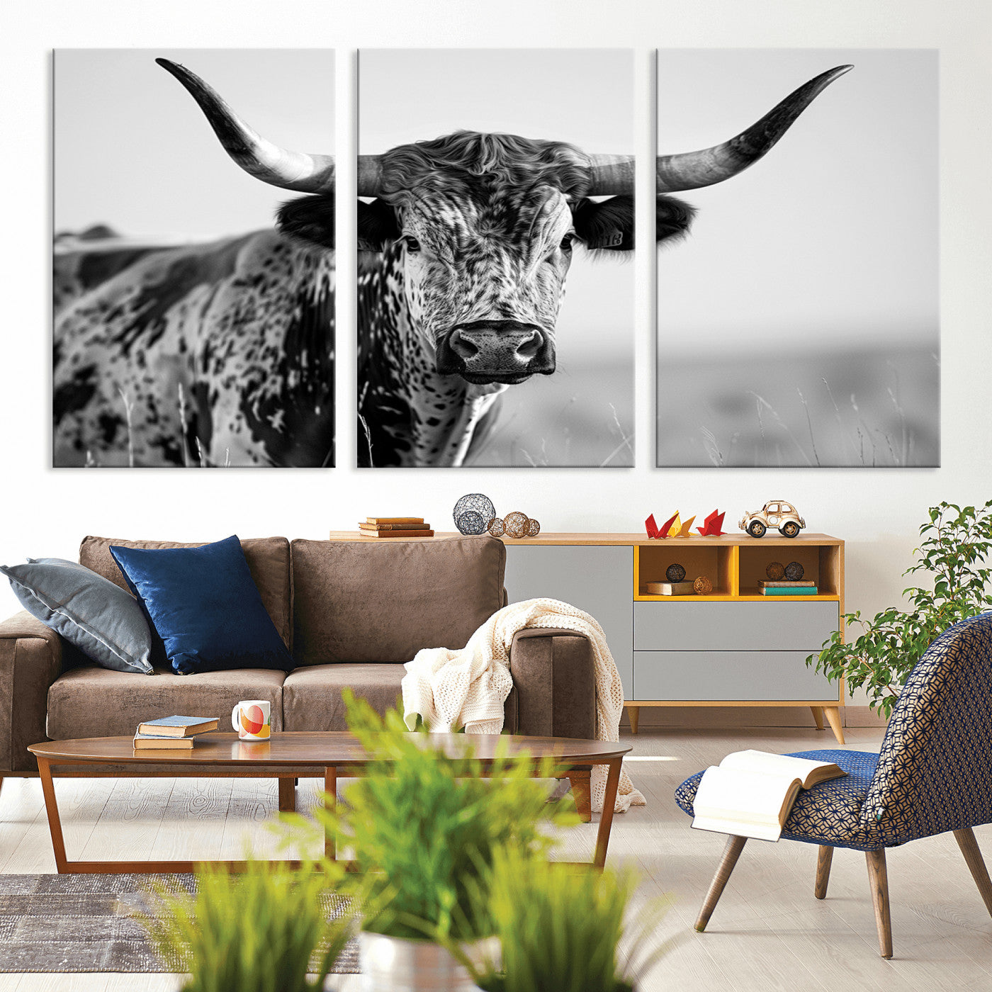 MGV-CV-60X30-3P - Texas Highland Cow Longhorn Canvas Print - Rustic Farmhouse Wall Art - Large Texas Longhorn