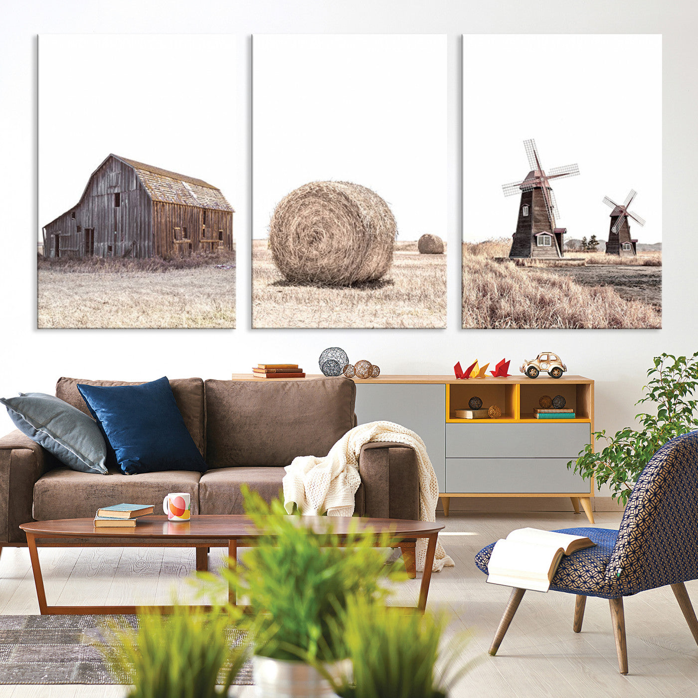 94971-MGV-CV-60X30-3P-Farm Prints Set, Set of 3 Farmhouse Wall Art, Country House Decor
