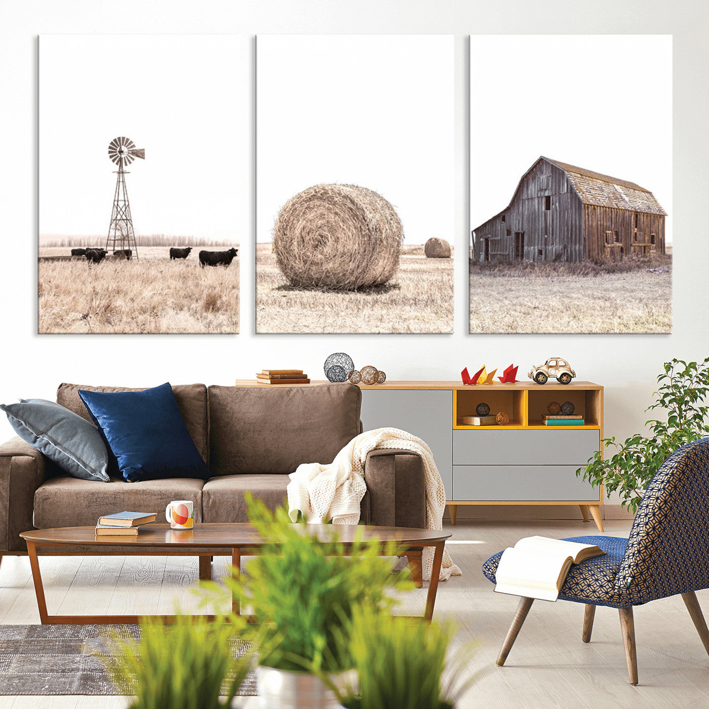 MGV-CV-60X30-3P - Rustic Farmhouse Wall Art Set of 3 – Country Barn and Wheat Field | Farm Prints for Country Home and