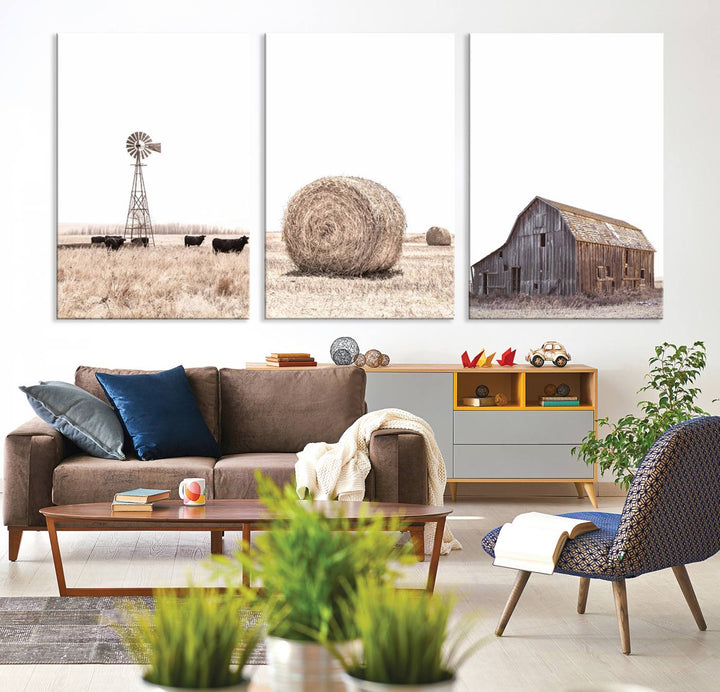 Above the couch, a Rustic Farmhouse Wall Art set depicts a barn and wheat field.