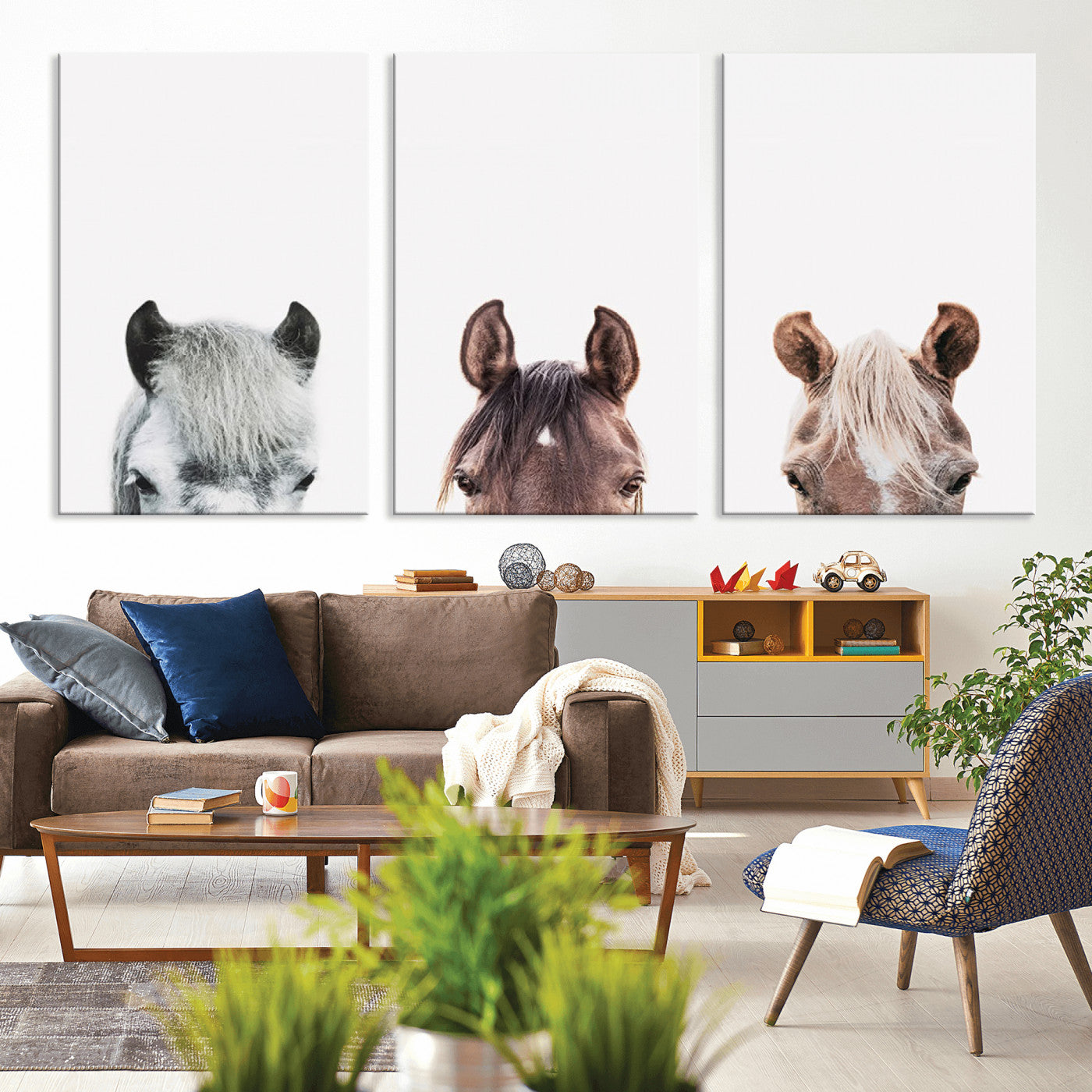 MGV-CV-60X30-3P - Horse Wall Art - Minimalist Horse Triptych Wall Art – Modern 3-Panel Giclée Canvas Featuring Horse