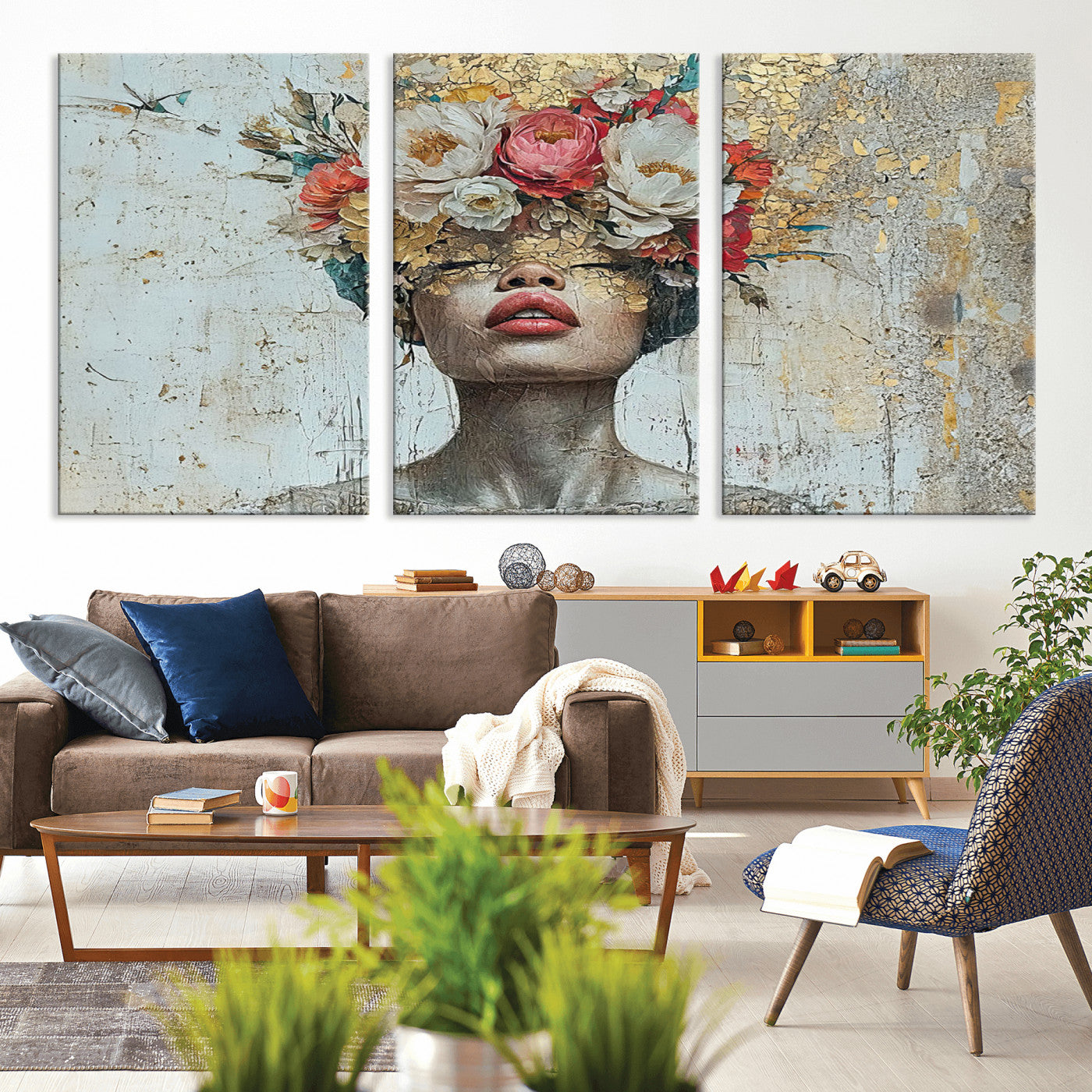 MGV-CV-60X30-3P - Golden Petal Wall Art Canvas Print - Silhouette Woman Wall Art Canvas Print, Floral Woman Portrait