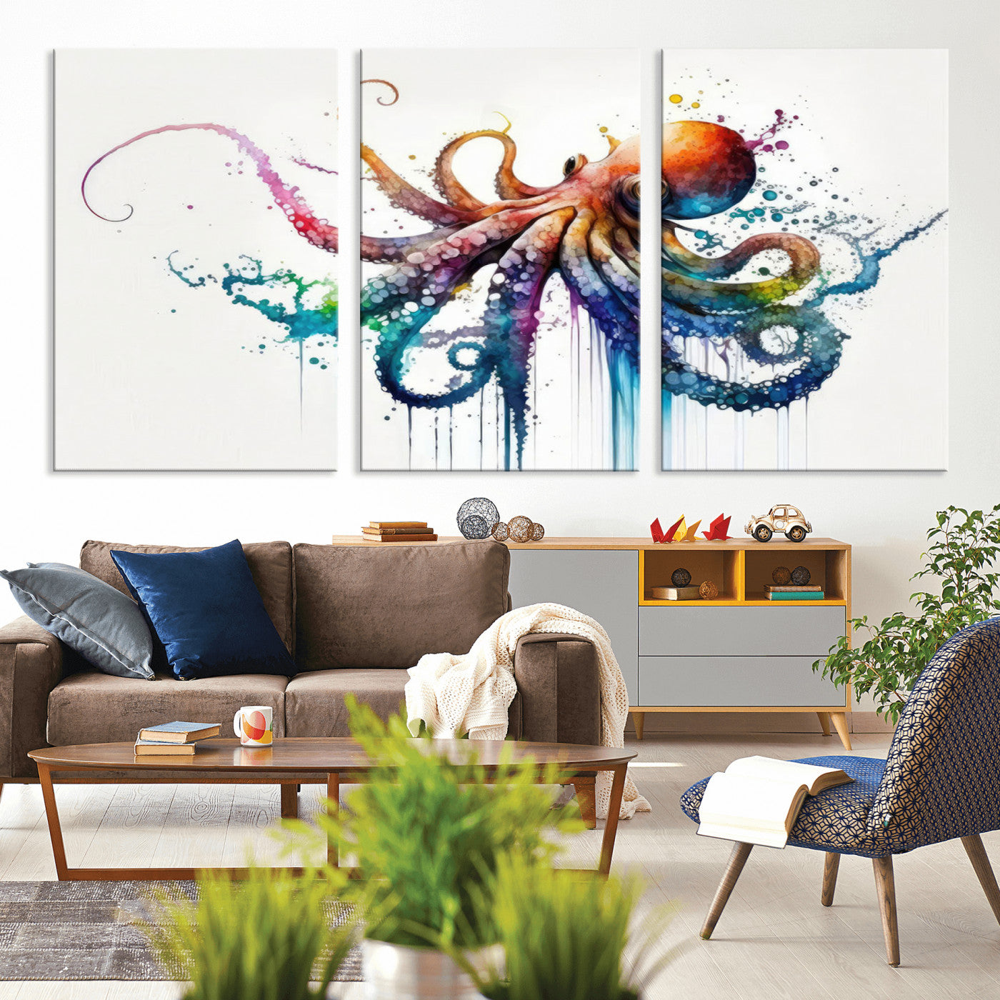 MGV-CV-60X30-3P - Watercolor Vibrant Octopus Wall Art Canvas Print | Abstract Sea Life Art | Colorful Marine Creature