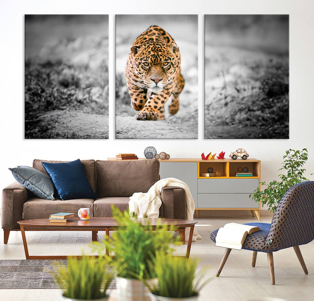 A striking three-panel "Jaguar Stalking Wall Art Canvas Print - Majestic Big Cat in Focused Pursuit" features a leopard walking forward, set against a black and white background.