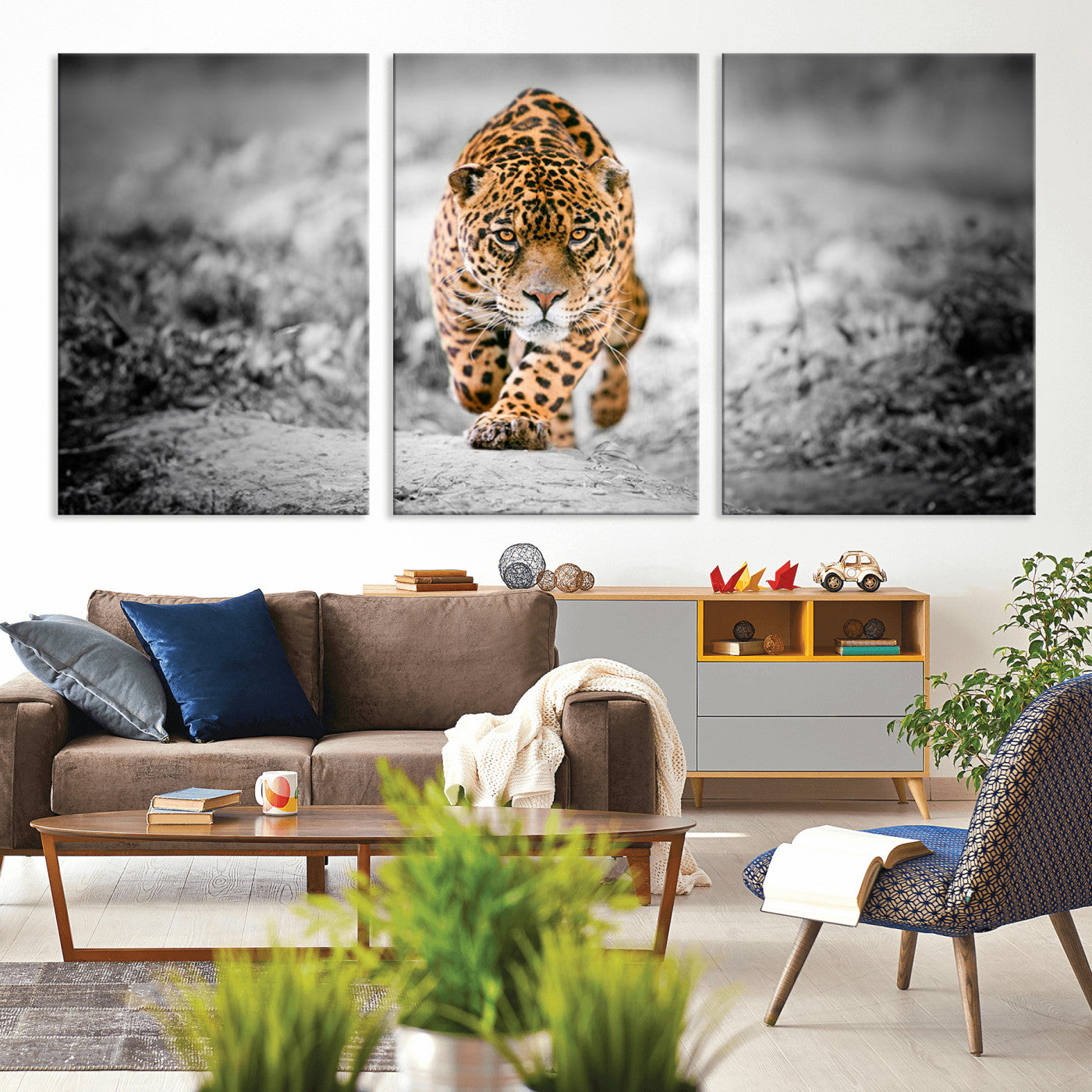 MGV-CV-60X30-3P - Jaguar Wall Art Canvas Print - Majestic Big Cat in Focused Pursuit - Ready to Hang