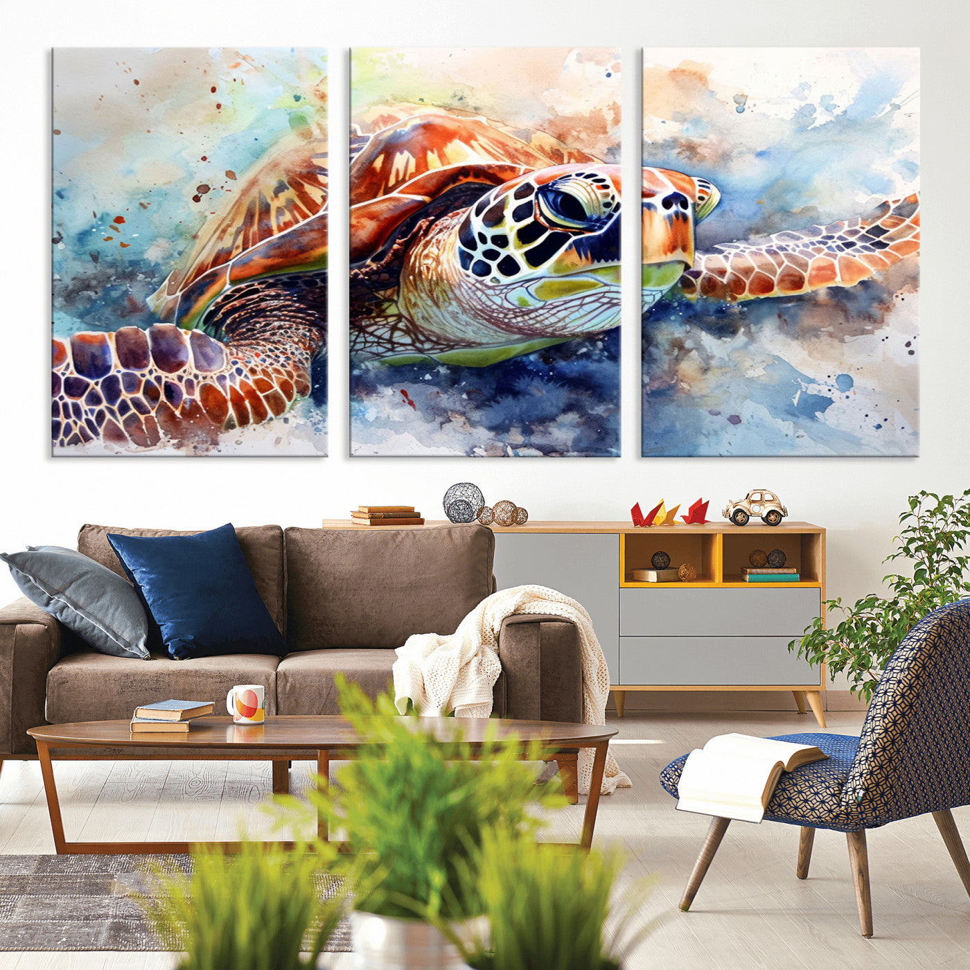 MGV-CV-60X30-3P - Watercolor Sea Turtle Wall Art Canvas Print - Vibrant Ocean Colors in Watercolor Style - Ready to