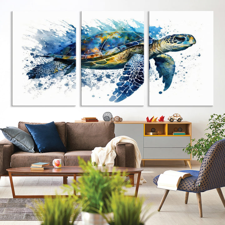 The Turtle Wall Art Print, featuring blue splashes, beautifully showcases Ocean Life.