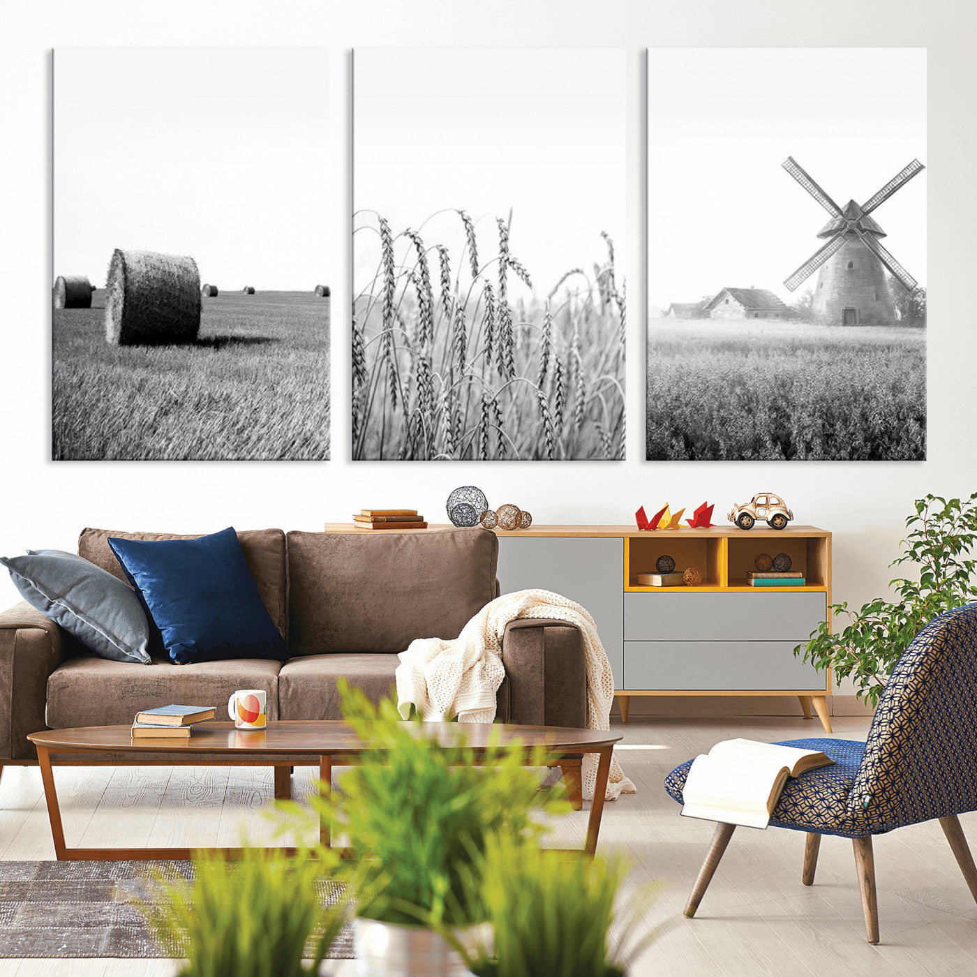 MGV-CV-60X30-3P - Vintage Farmhouse Black and White Triptych Wall Art – Giclee Canvas Featuring Wheat Fields, Hay