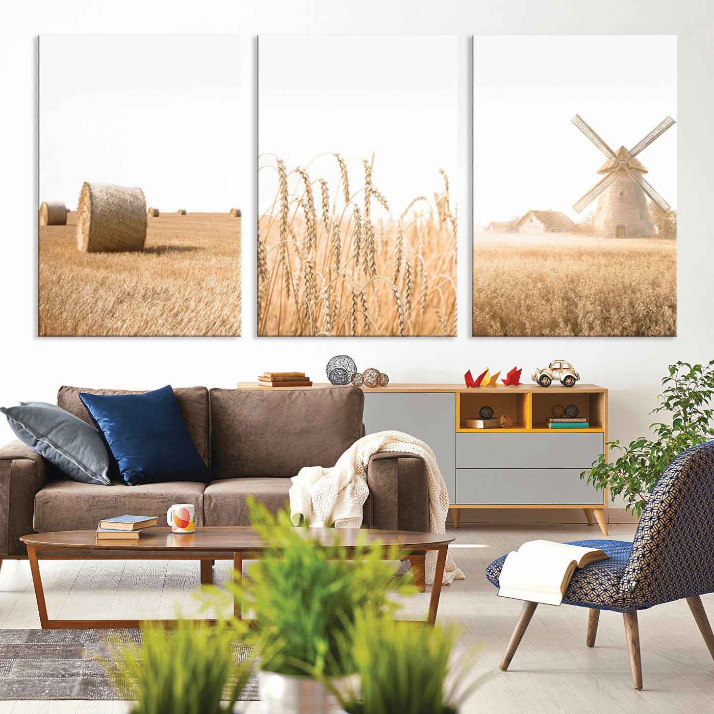 MGV-CV-60X30-3P - Vintage Farmhouse Triptych Wall Art – Giclée Canvas Featuring Wheat Fields, Hay Bales, and a