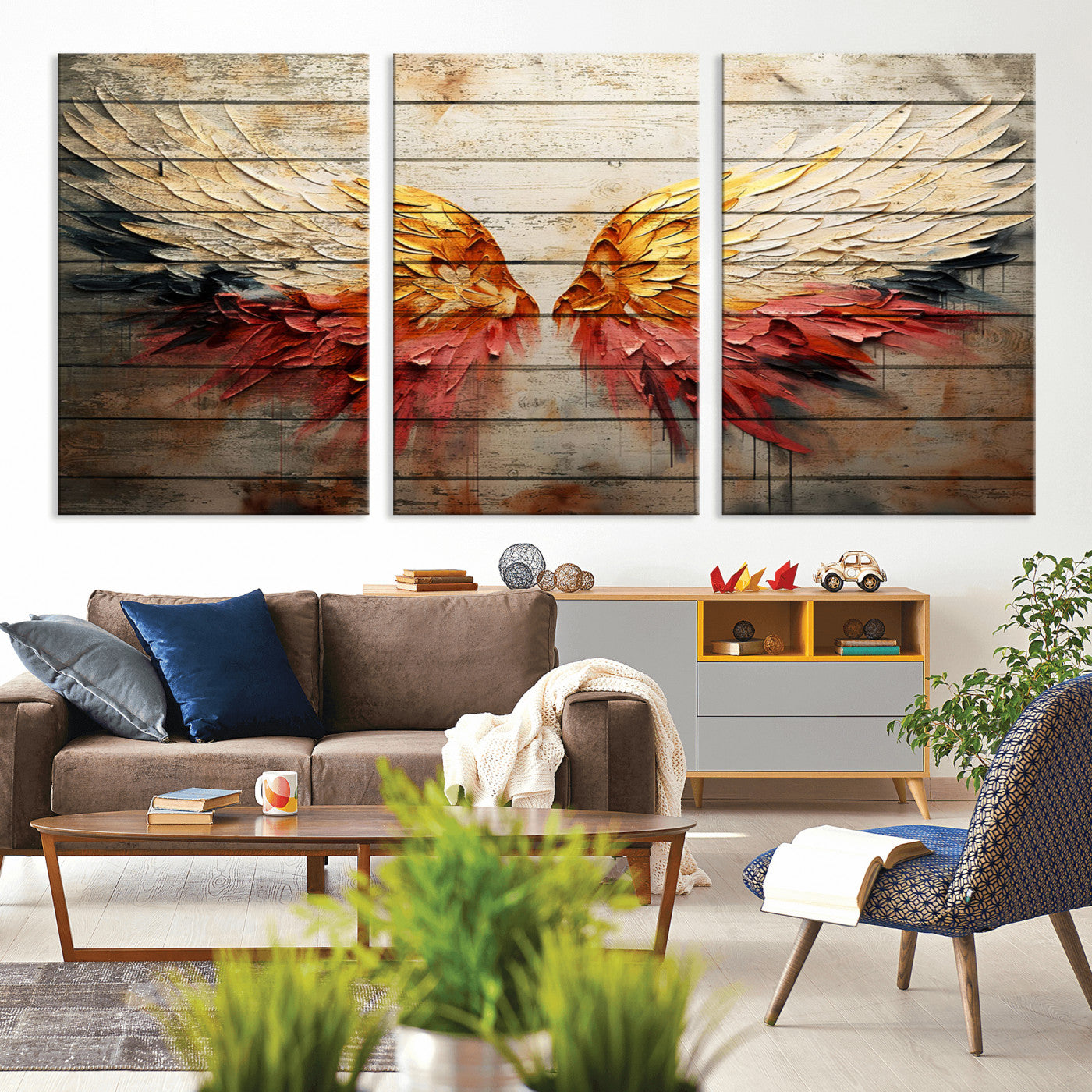 MGV-CV-60X30-3P - Abstract Angel Wings Canvas Wall Art – Framed and Ready to Hang Modern Angelic Wings Decor for