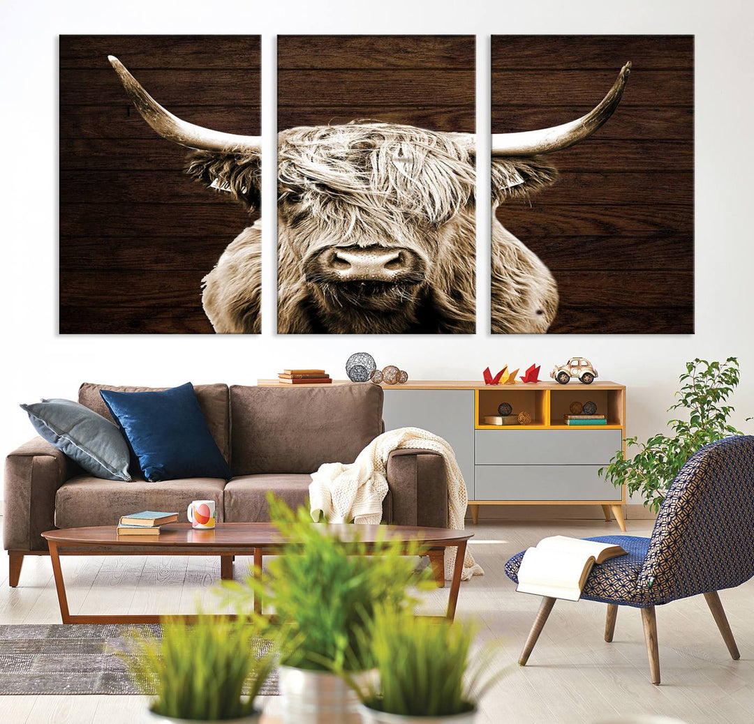 Highland Cow Wall Art Canvas Print, Rustic Farmhouse Decor, Majestic Scottish Highland Bull Portrait for Living Room – Ready to Hang