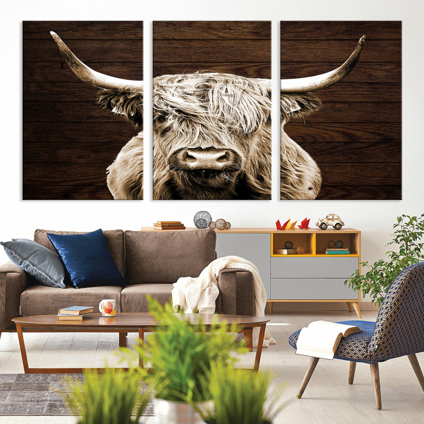 MGV-CV-60X30-3P - Highland Cow Wall Art Canvas Print, Rustic Farmhouse Decor, Majestic Scottish Highland Bull Portrait