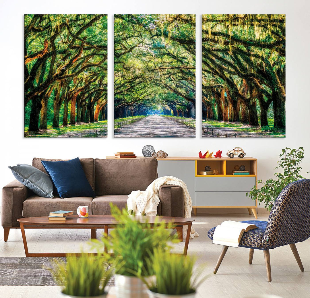 Serene Tree Tunnel Wall Art Canvas Print – Pathway Under Canopy of Lush Green Trees, Nature-Inspired Decor for Living Room – Ready to Hang