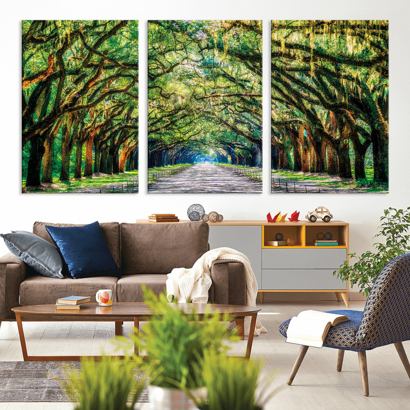 MGV-CV-60X30-3P - Serene Tree Tunnel Wall Art Canvas Print – Pathway Under Canopy of Lush Green Trees, Nature-Inspired