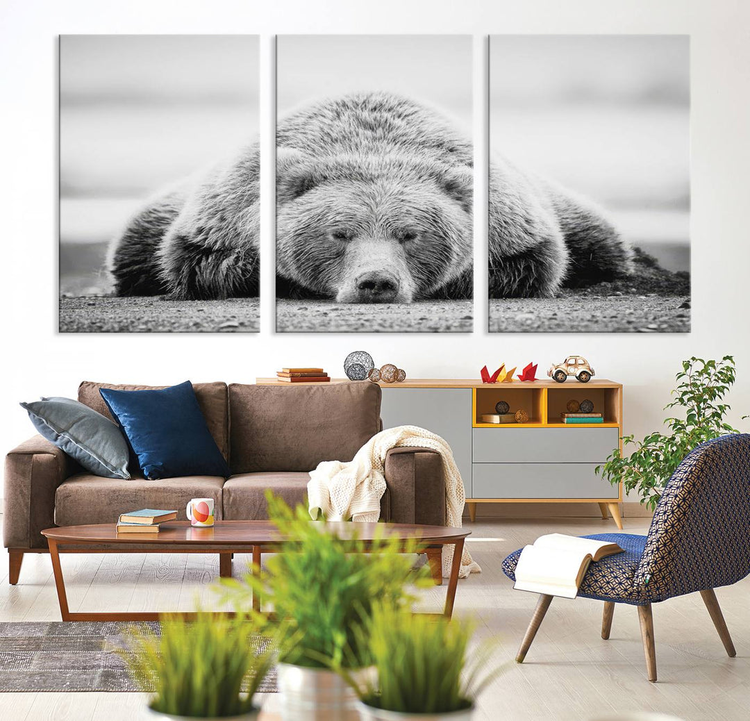 Resting Bear Wall Art Canvas Print – Majestic Lazy Black and White Wildlife Bear Art, Perfect for Nature-Inspired Home Decor – Ready to Hang