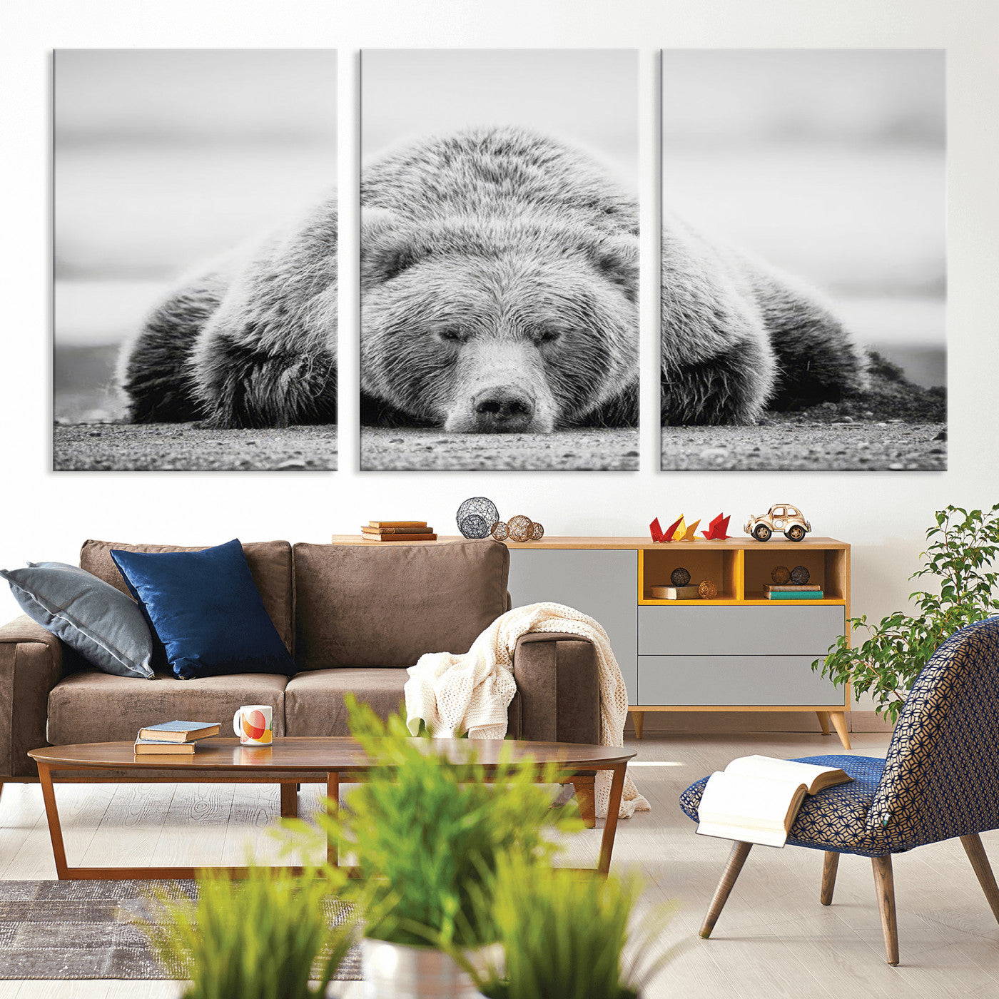 MGV-CV-60X30-3P - Resting Grizzly Bear Wall Art Canvas Print – Majestic Lazy Black and White Wildlife Bear Art,