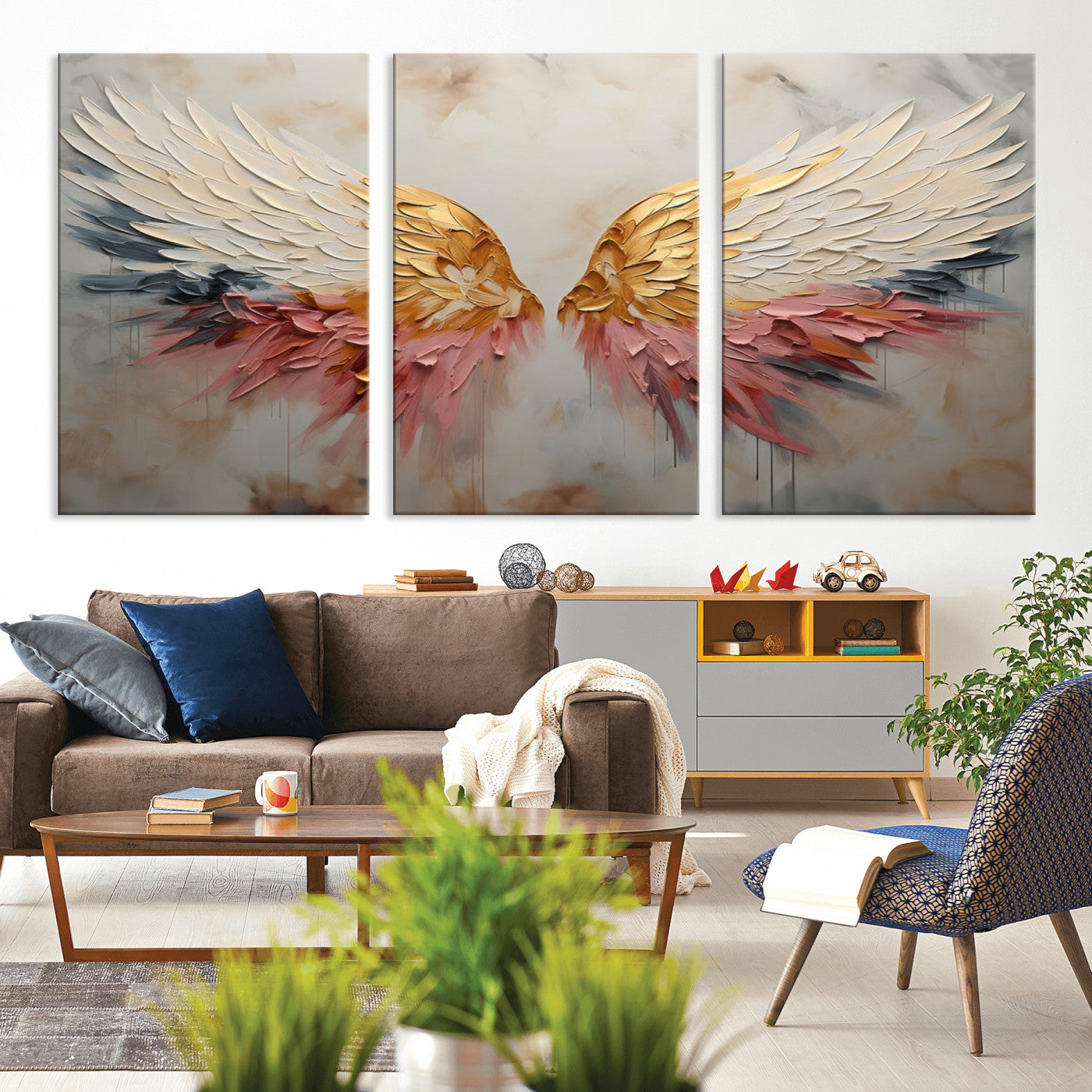 MGV-CV-60X30-3P - Golden Angel Wings Wall Art Canvas Print – Stunning Abstract Winged Art for Elegant Home Decor –