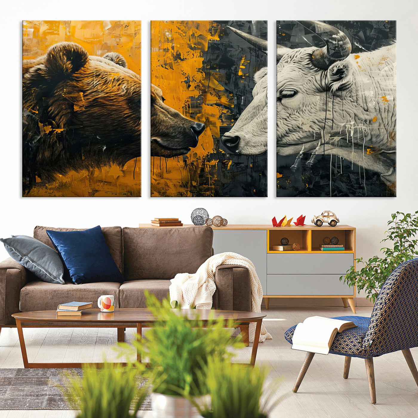 MGV-CV-60X30-3P - Bear and Bull Wall Art Canvas Print – Abstract Animal Portrait Painting for Modern Home Decor –